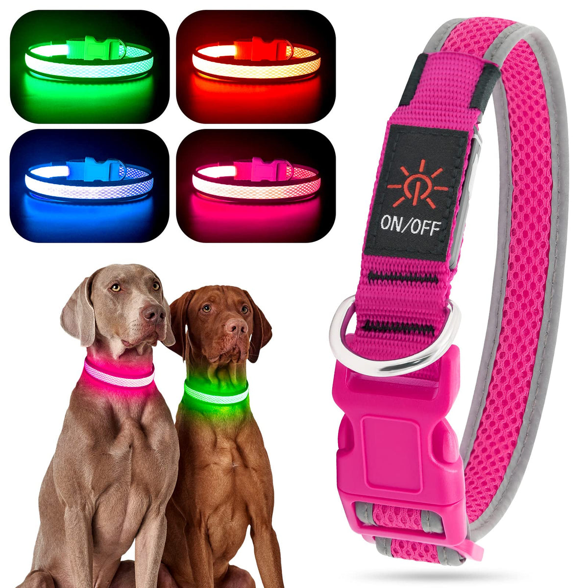 Yfbrite Light Up Dog Collar, Rechargeable Led Dog Collar, Flashing Dog Collar, Adjustable Reflective Dog Collar Safety Glowing At Night (Pink, Large)