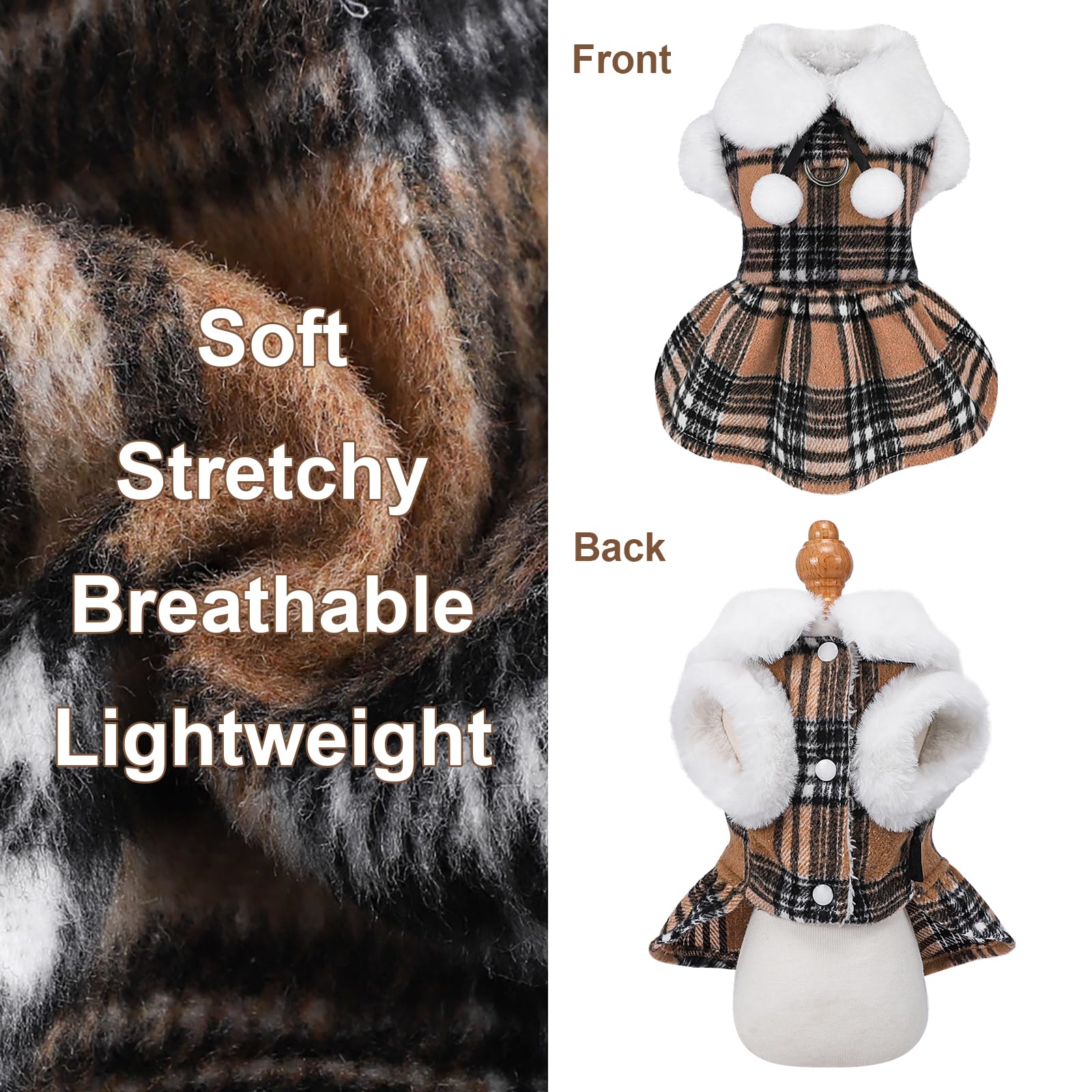 Xxs Dog Sweater With Leash Set D Ring Plaid Fleece Dog Clothes For Small Dogs Girl Boy Winter Pet Dress, Cold Weather Dog Coat W
