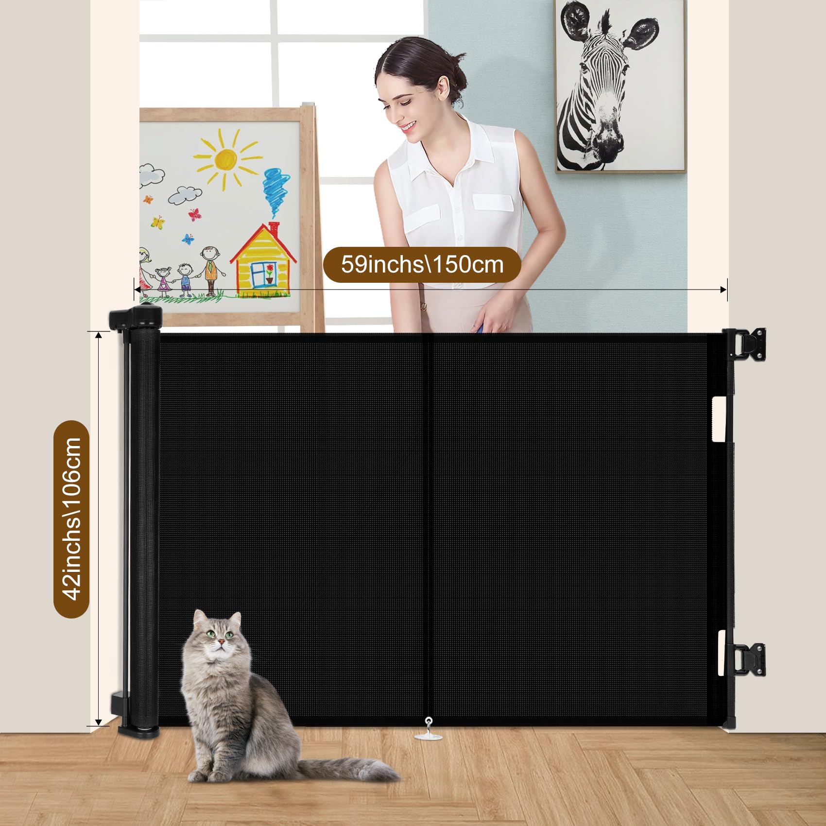 Miumoon Upgrade 59' Retractable Baby Gates With Reinforced Strip Design To Prevent Crawling Through, 42' Tall Retractable Gate For Baby And Pet, 5 Ft Baby Gates For Stairs, Doorways, Hallways(Black)