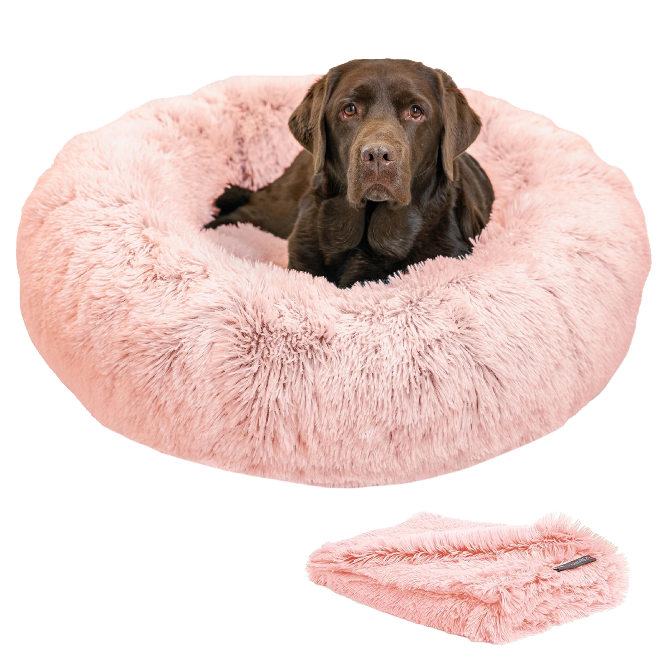 Best Friends by Sheri Bundle Set The Original Calming Shag Donut Cuddler Cat and Dog Bed + Pet Throw Blanket Cotton Candy Pink L