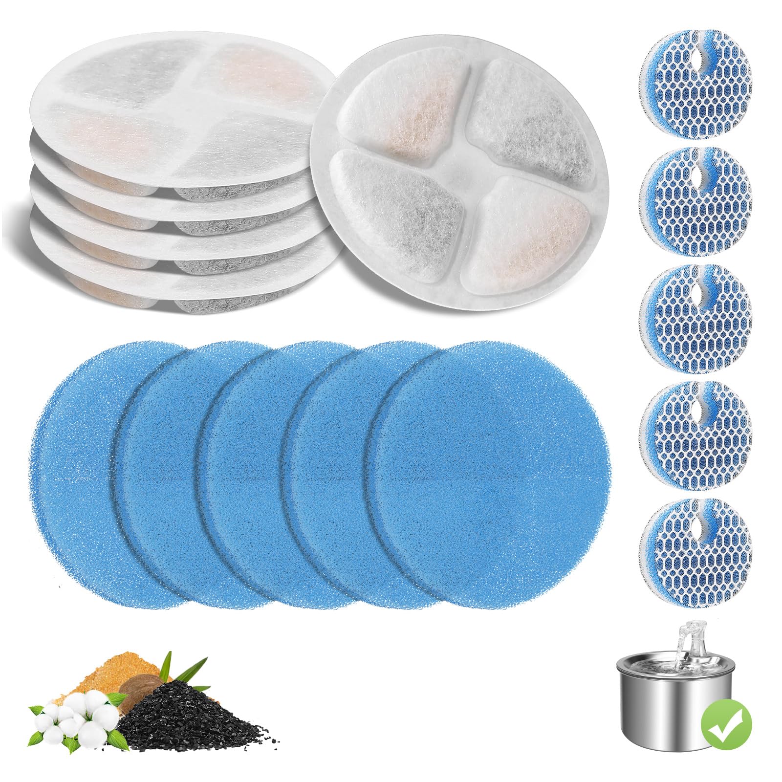 5-Pack Cat Fountain Filter Replacement For Round 67Oz/2L Automatic Pet Fountain, Triple Filtration System Activated Carbon Filte