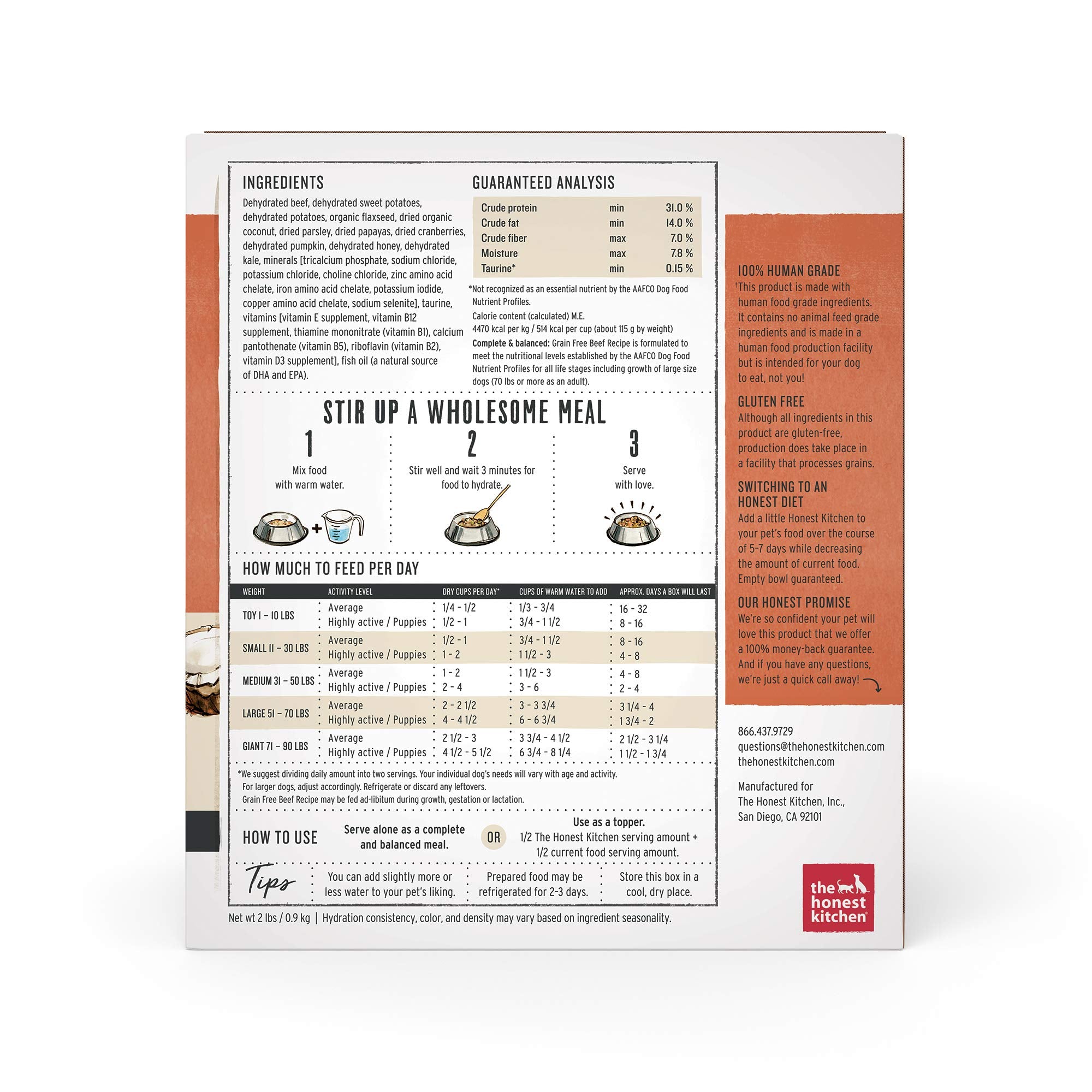 The Honest Kitchen Human Grade Dehydrated Grain Free Dog Food - Complete Meal or Dog Food Topper - Beef 2 lb (makes 8 lbs)