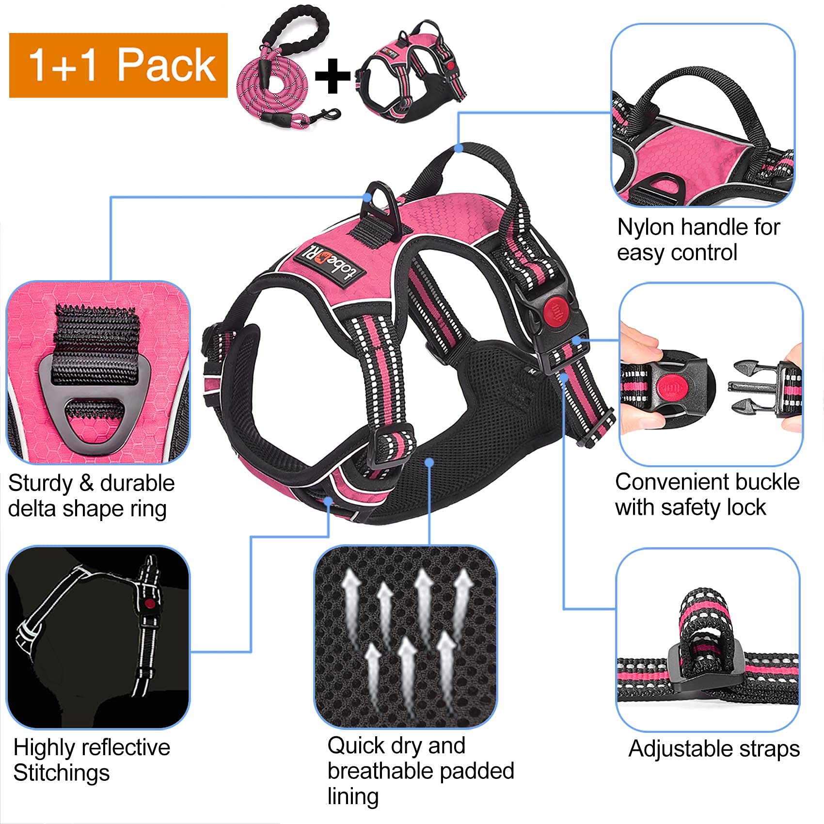 Tobedri No Pull Dog Harness Adjustable Reflective Oxford Easy Control Medium Large Harness With A Free Heavy Duty 5Ft Dog Leash