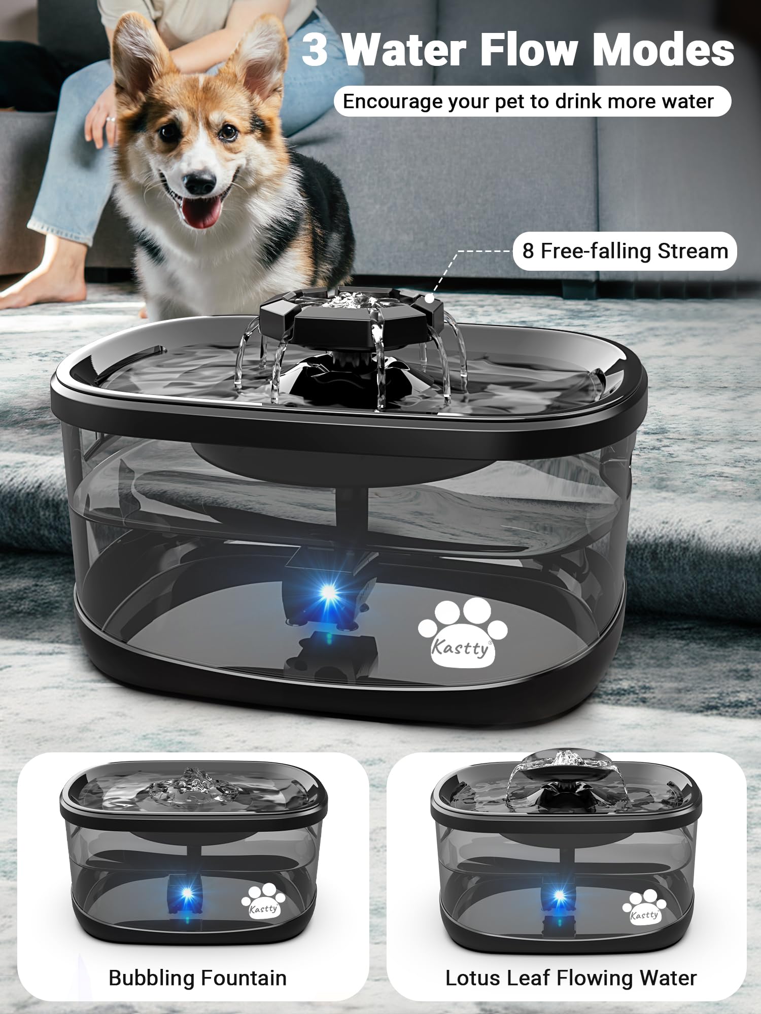 Kastty 300oz/9L Dog Water Fountain Extra Large Pet Fountain with 3 Flow Modes& Larger Filter Super Filtration& Smart 3 in 1 LED
