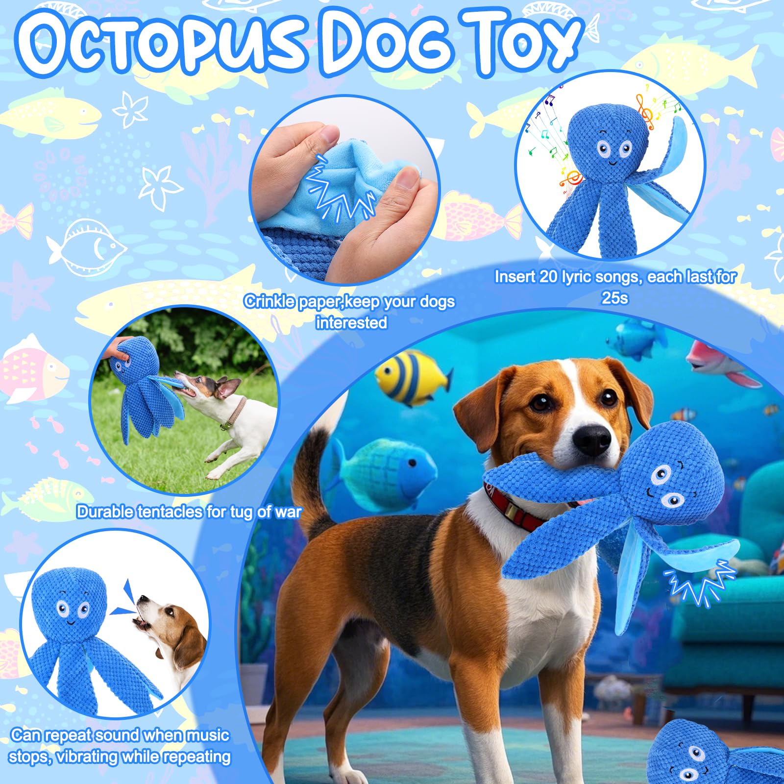 Interactive Dog Toys - Bouncing Octopus Crinkle Tentacles, Music And Recording, Moving Ball For Small/Medium/Large Puppy To Keep