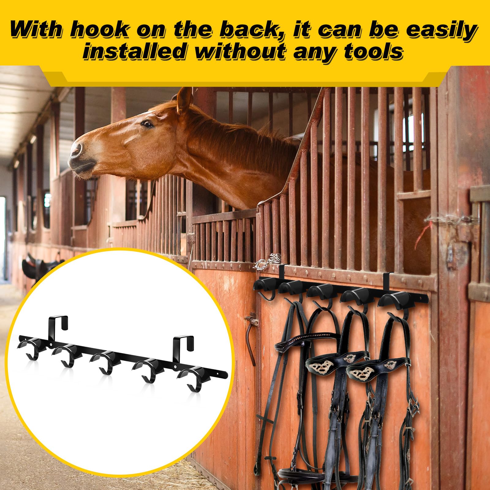 Zonon 2 Pack Horse Tack Bridle Hooks 10 Count Long Metal Horse Bridle Rack Detachable Stall Wall Mount Hanger for Tack Harness H