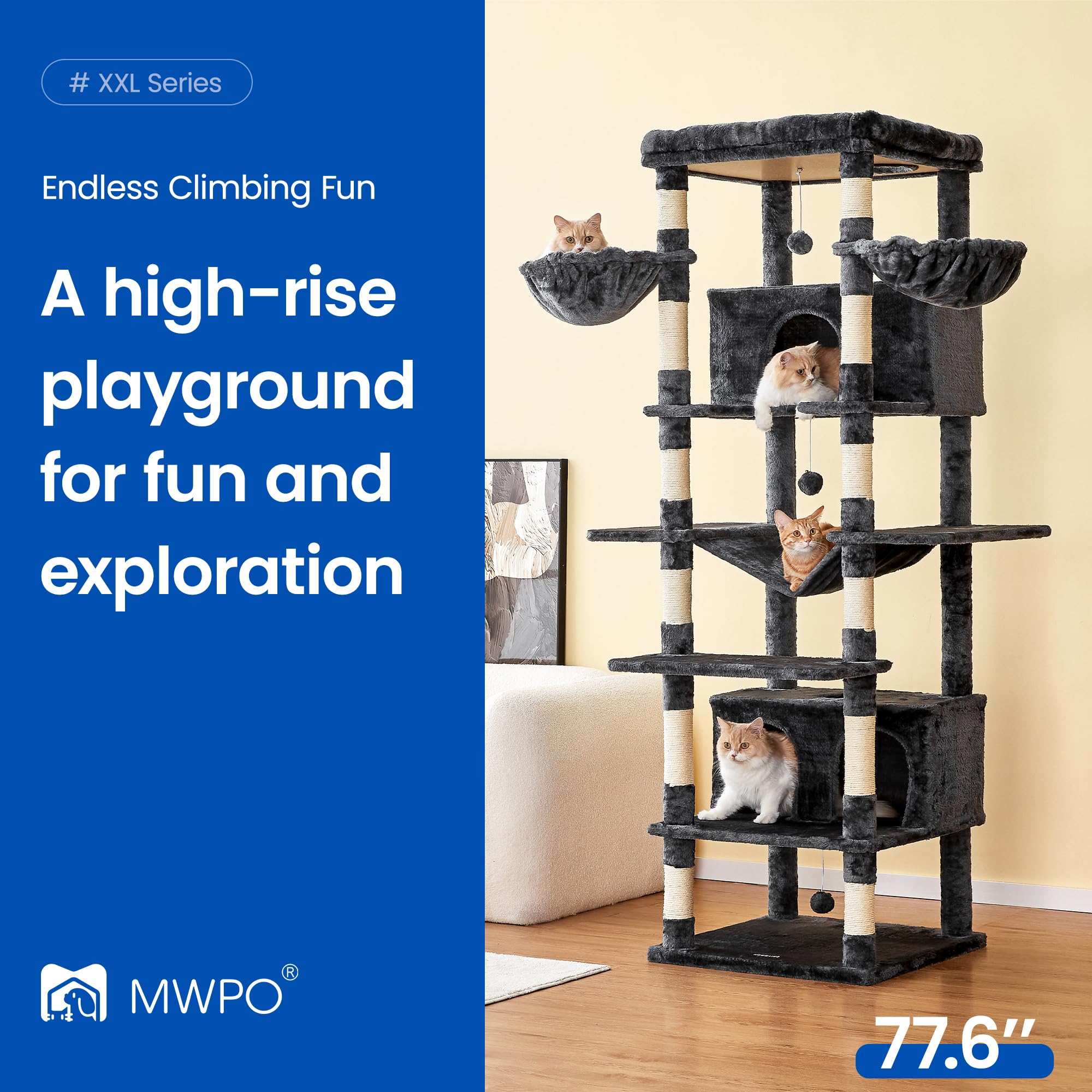 Mwpo Extra Large Cat Tree, 77.6-Inch Tall Cat Tower For Indoor Cats With 2 Condos, Multi-Level Cat Stand For Large Cats, 3 Hammo