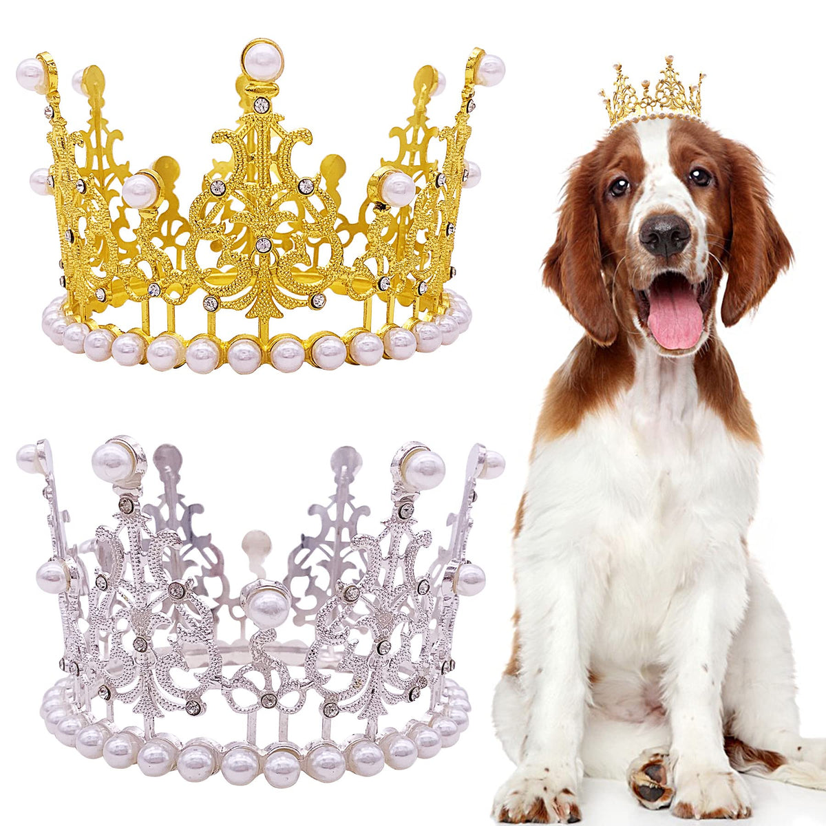 Pet Show 2Pcs Large Dog Crown Headband Sheep Big Pet Hat For Birthday Party Silver Gold Rhinestone Faux Pearl Crown For Boy Girl Wedding Hair Accessories Photo Prop Costume