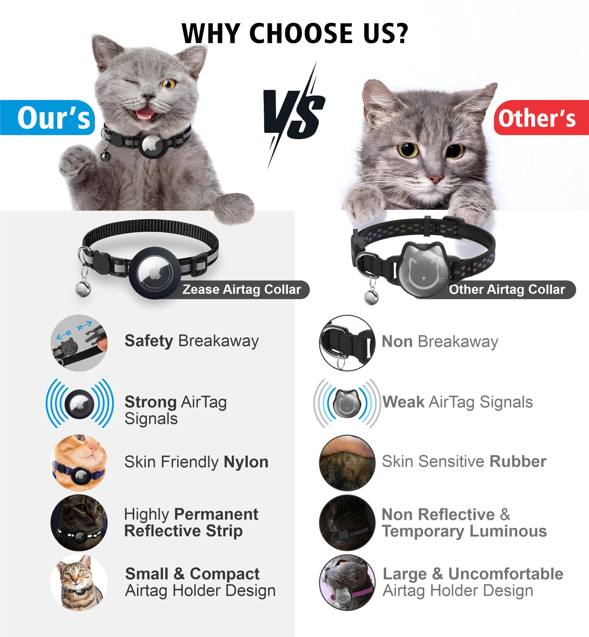 Zease 8 Breakaway Cat Collars Bulk With Bells And 2 Waterproof Airtag Holders, Reflective Cat Collar Airtag Holder, Safety Buckl
