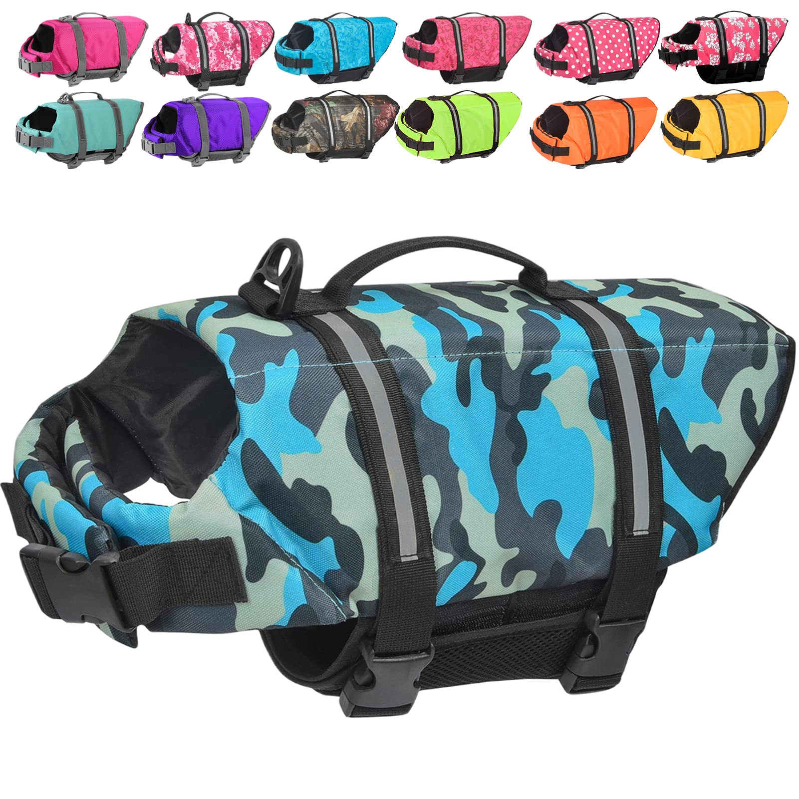 Doglay Dog Life Jacket, Dog Life Vest Camo with Reflective Stripes, Adjustable Dog Lifesaver Pet Life Preserver with High Buoyan
