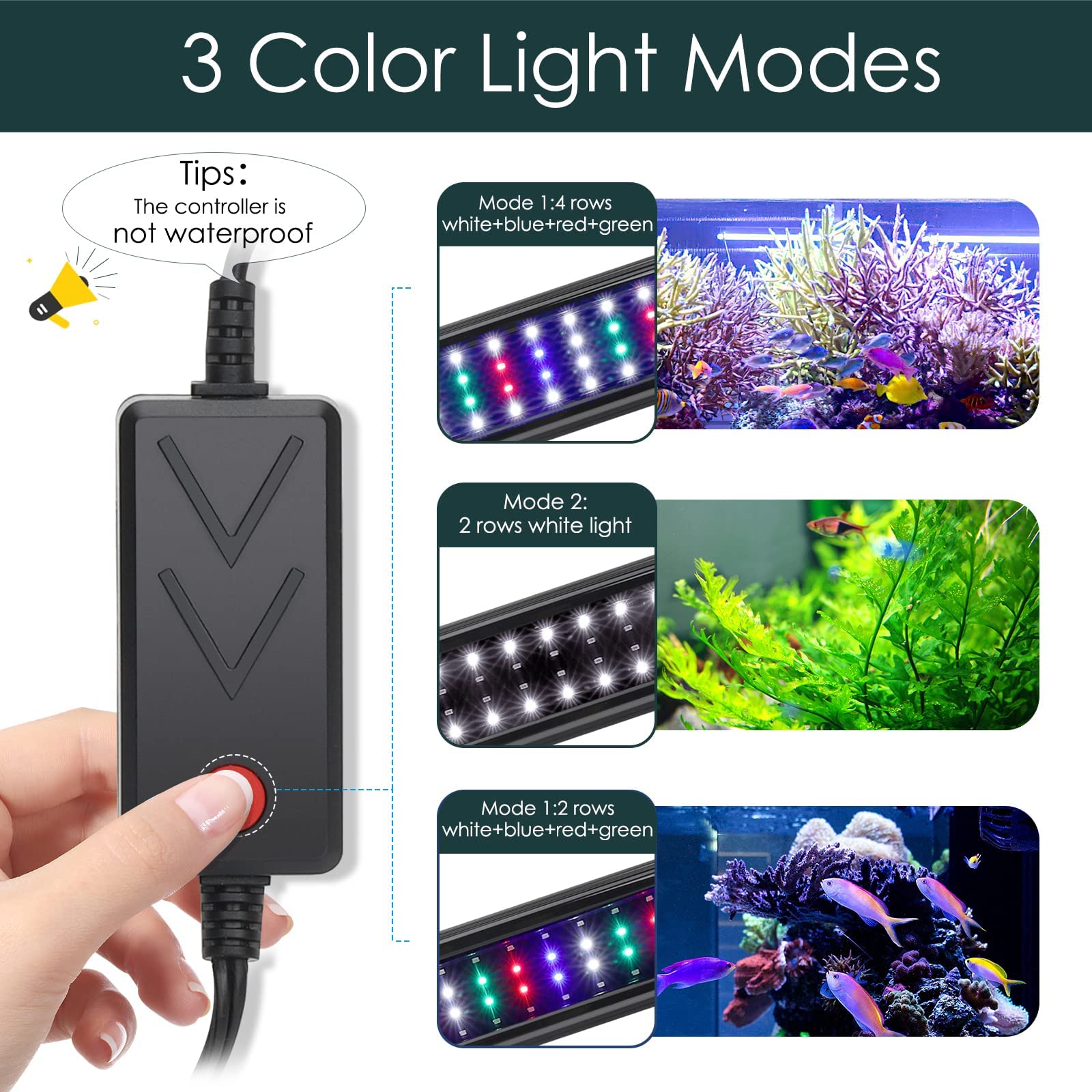 AQQA Aquarium Light,Full Spectrum LED Fish Tank Lights,12''-54'' Adjustable Multi-Color White Blue Red Green LEDs with Extendabl