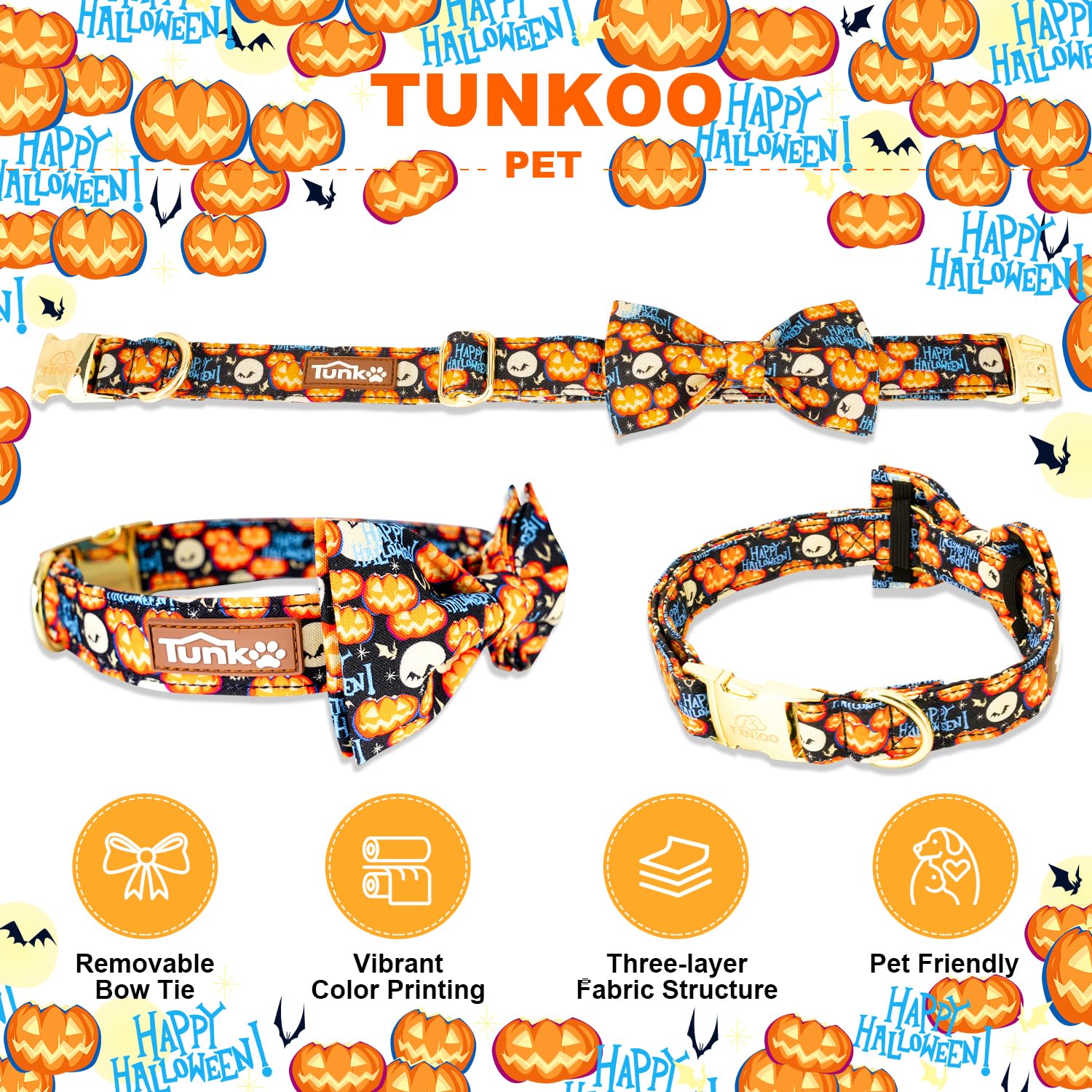 Tunkoo Happy Halloween Dog Collar With Pumpkin - Durable, Adjustable, And Stylish Pet Collar Available In Small, Medium, Large L