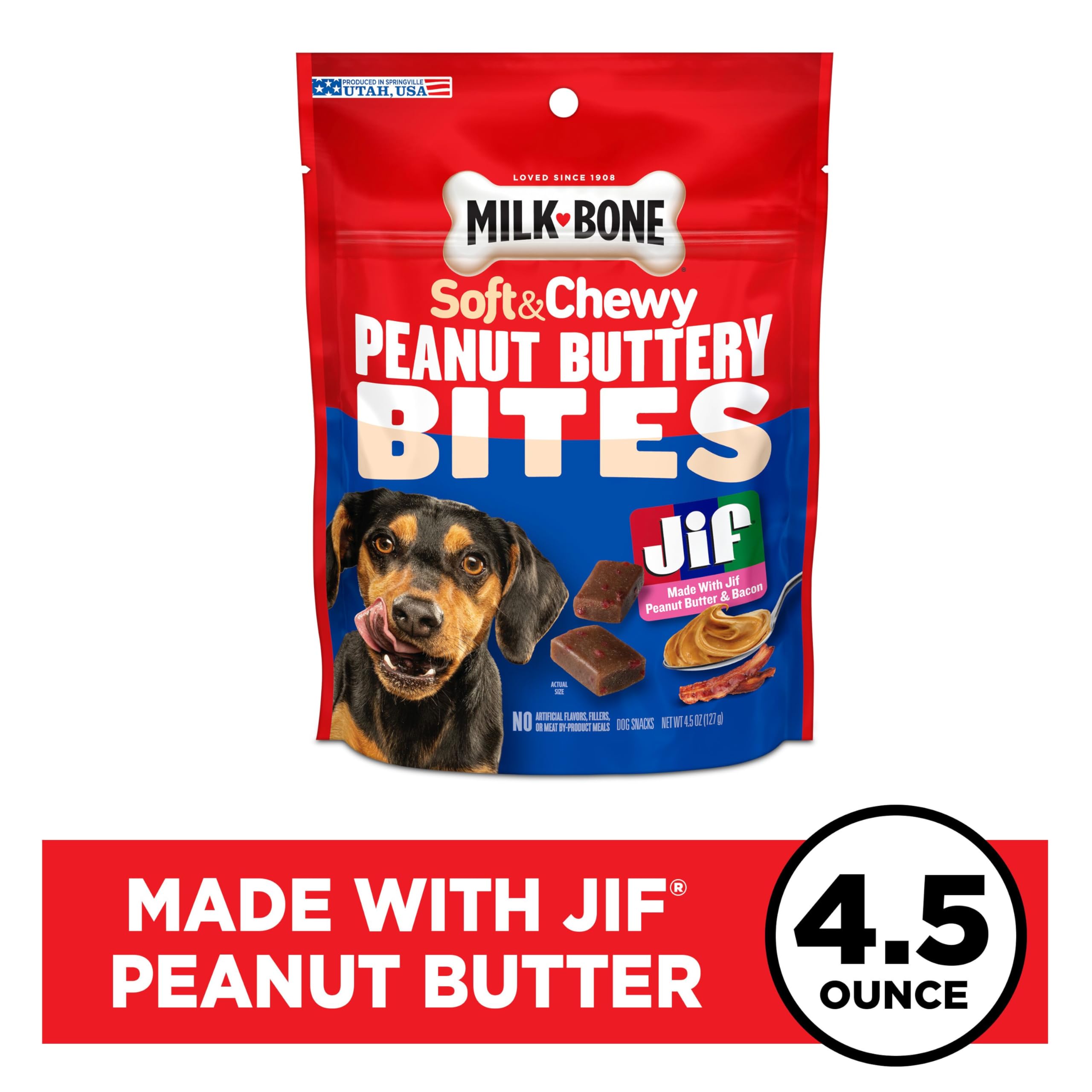 Milk-Bone Peanut Buttery Bites Soft Dog Treats with Real Peanut Butter & Bacon, 4.5-Oz. Bag