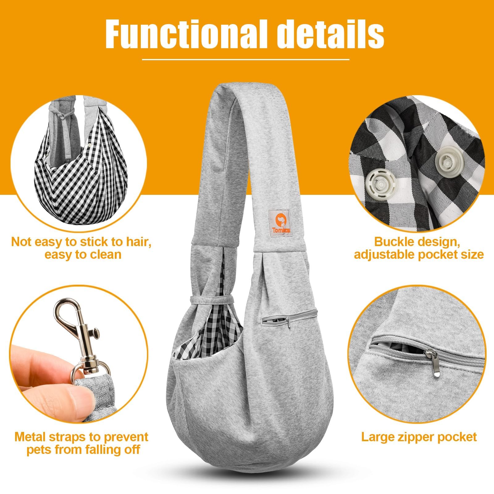 Tomkas Small Dog Sling Carrier - Zipper Pocket & Classic Strap - For 3-10 Lbs Pets(Grey)