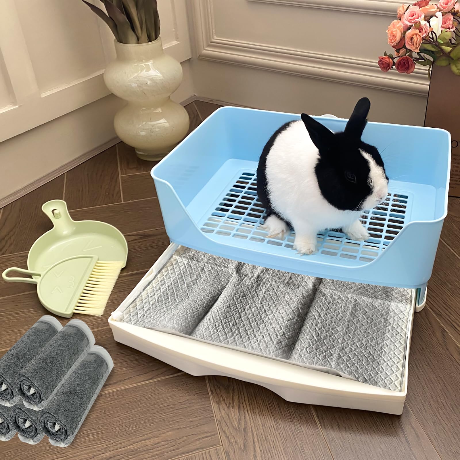 Yuoaes Large Rabbit Litter Box Bunny Litter Box Corner Litter Pan with Drawer Comes with Liners Rabbit Pee Pads, Small Animal Be