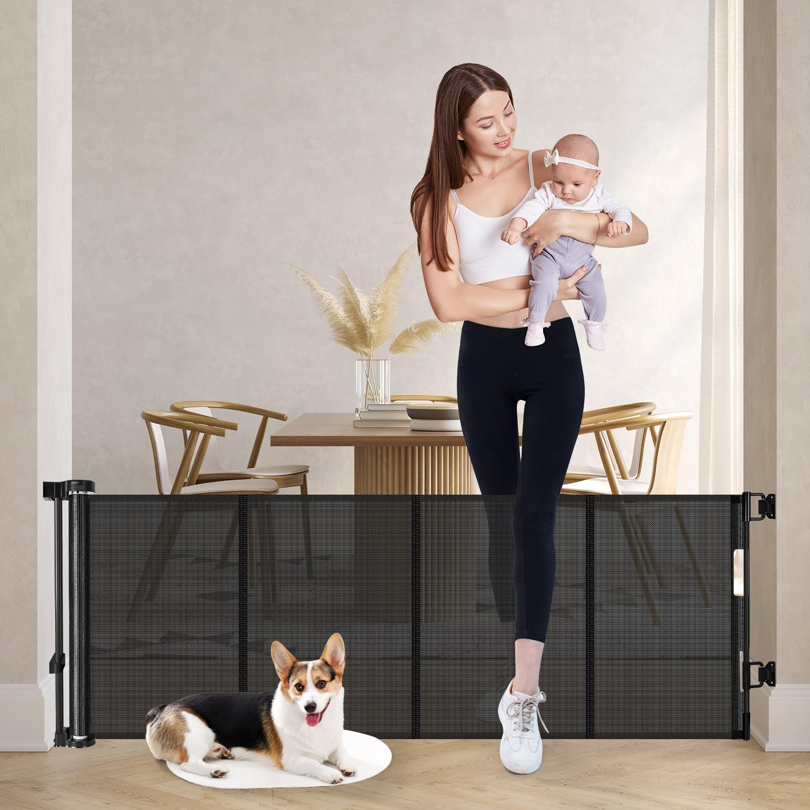 Reinforced 24 Inch Tall Retractable Baby Gates, Short Dog Gates to Step Over, Expands 0-55 Inches Wide, Mesh Pet Gate with Suppo