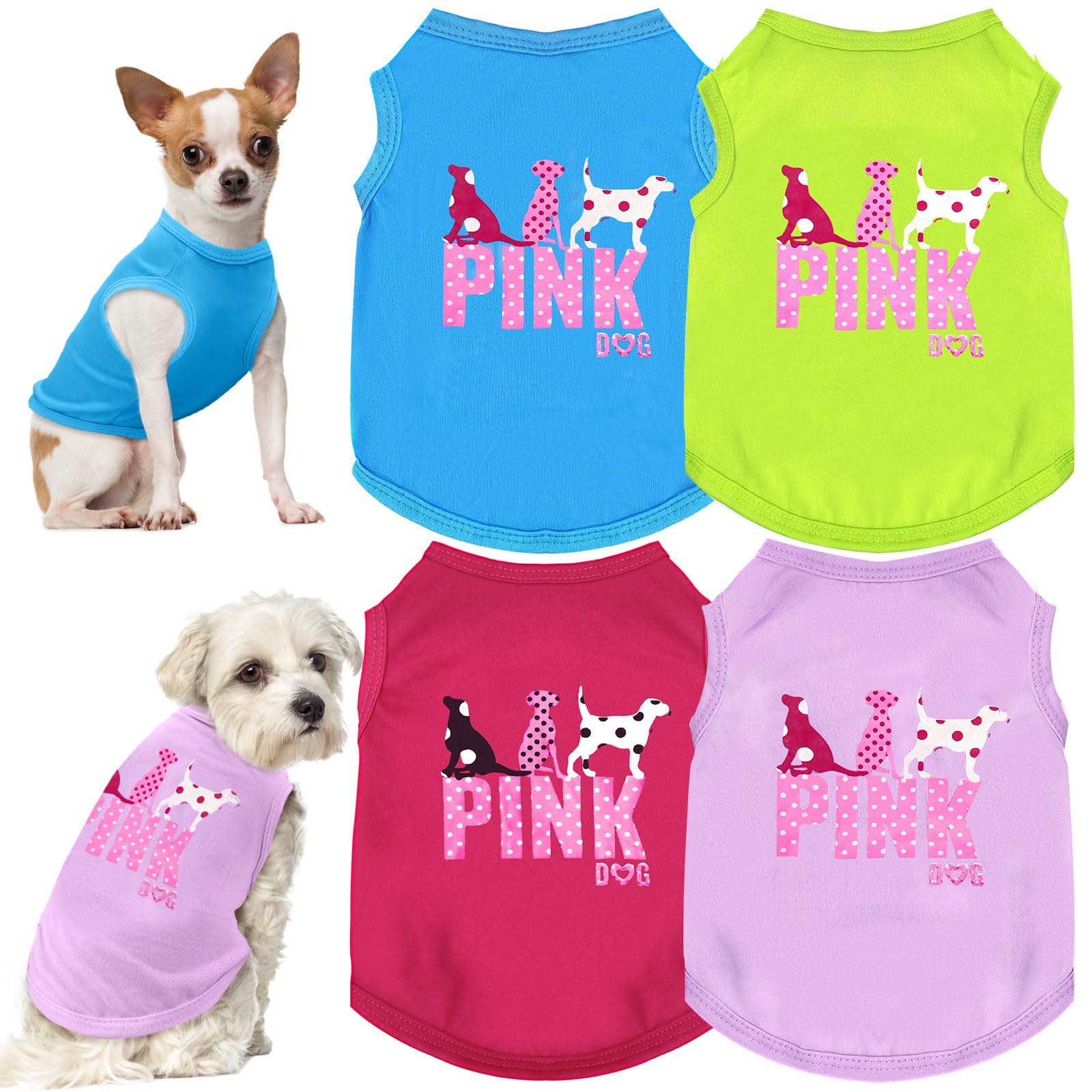 Tengzhi 4 Pack Dog Shirt Vest Soft Lightweight Puppy Tshirt Cute Pink Dog Printed Small Dog Clothes Summer Sleeveless Yorkie Chi