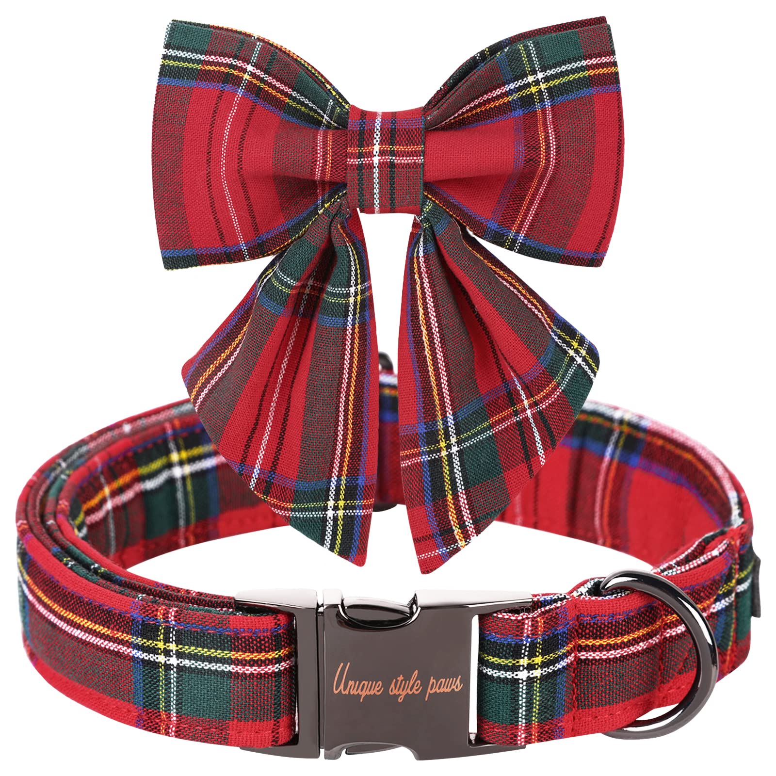 Unique Style Paws Christmas Dog Collar With Bow Tie Red Plaid Puppy Collar For Small Medium Large Dogs As Autumn Winter Gifts -S