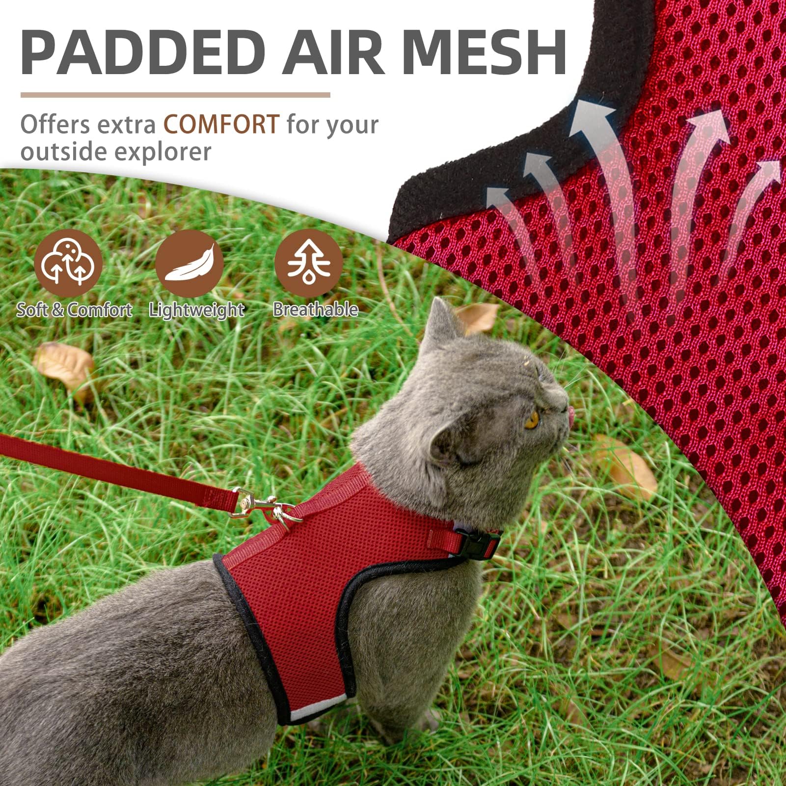 Pupteck Soft Mesh Cat Vest Harness And Leash Set Puppy Padded Pet Harnesses Escape Proof For Cats Small Dogs, Red Large