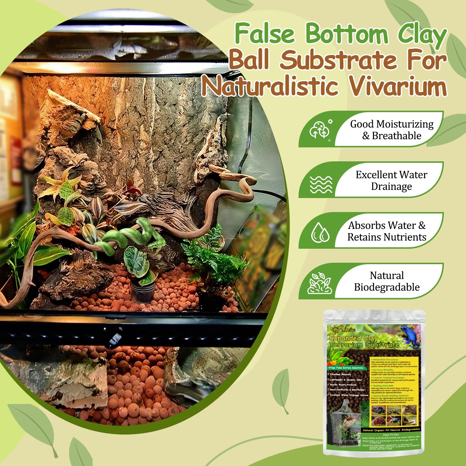 Riare 2Lbs Expanded Clay Balls Terrarium Substrate For Reptiles - 100% Organic Lightweight Clay Pebbles Substrate Frogs False Bo