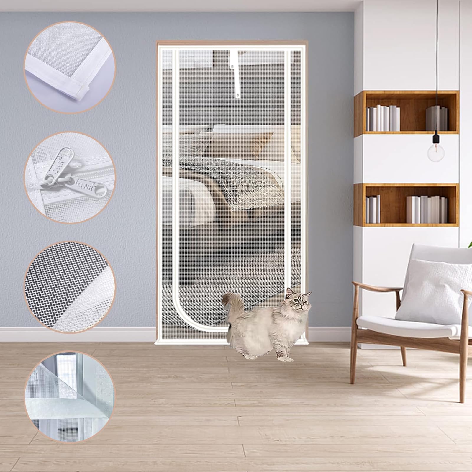 QWR Reinforced Cat Screen Door,Fits Door Size 34x 81,Thickened Cat Resistant Mesh Screen Door for Living Room,Kitchen,Bedroo