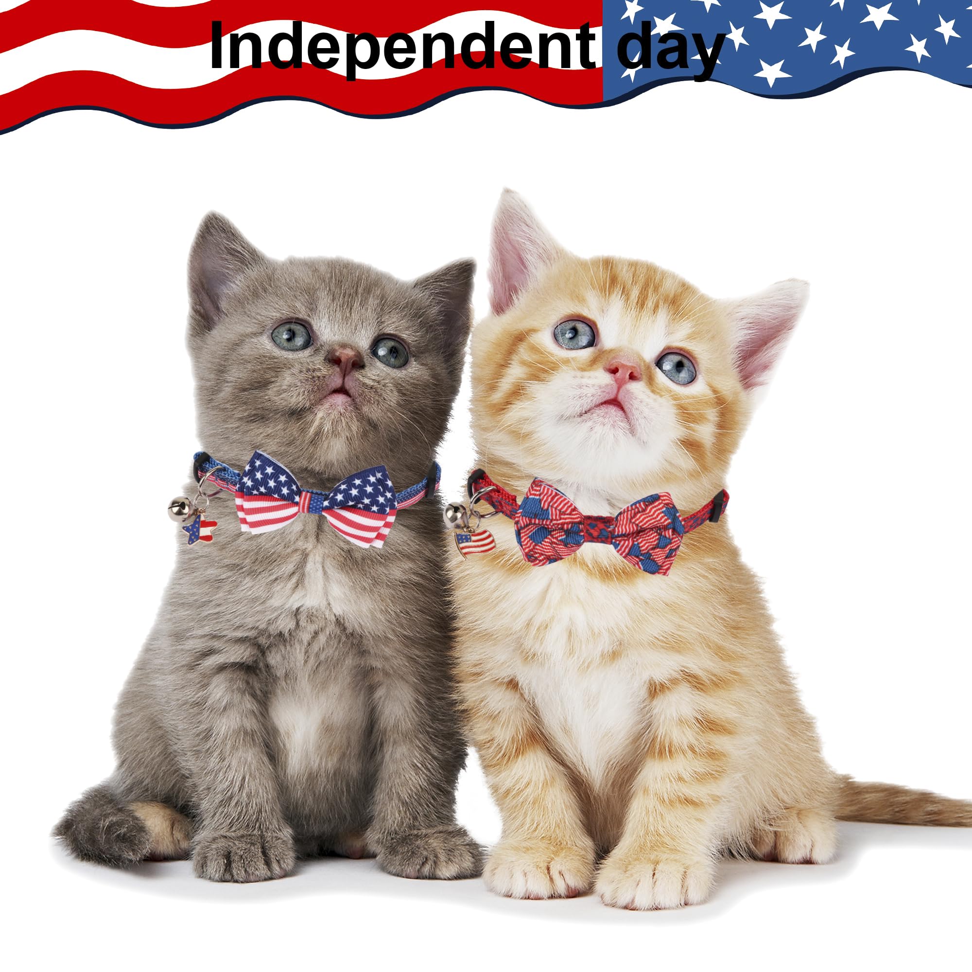 Adoggygo American Flag Cat Collars With Bow Bell, Breakaway Pet Bowtie Collar Red Blue Star Flag 4Th Of July Collars For Girl Bo
