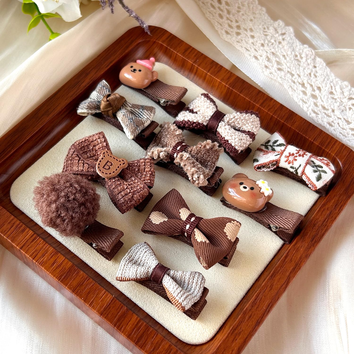 10Pcs Brown Dog Hair Clips 10Pcs Rubber Bands Small Dog Bows Beige Cute Pet Grooming Accessories Alligator Clips Stay In Hair Be