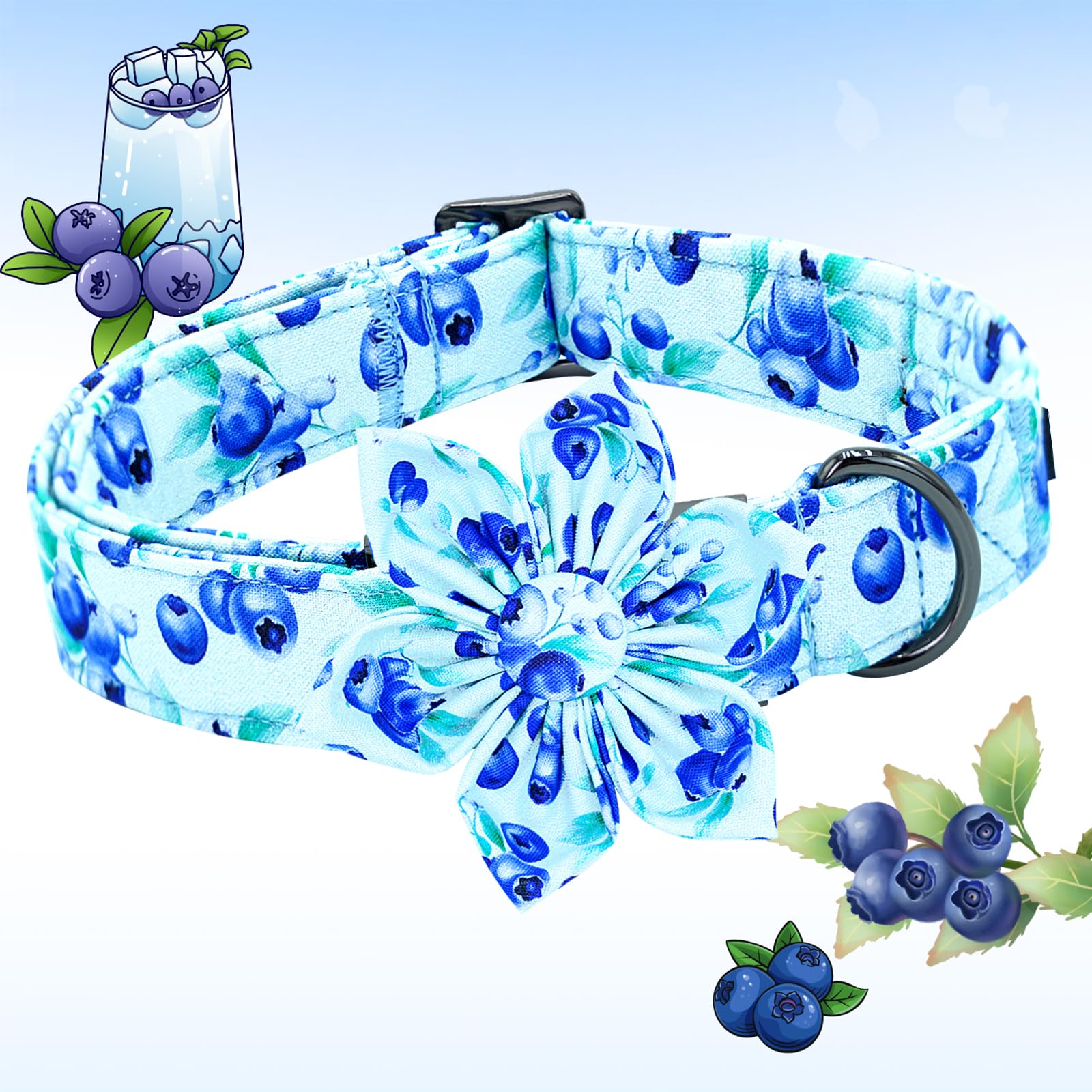 Lionheart Glory Dog Collar With Flower Blueberries Print Collars For Large Dogs, Spring Summer Cute Duty Adjustable Dog Flowers