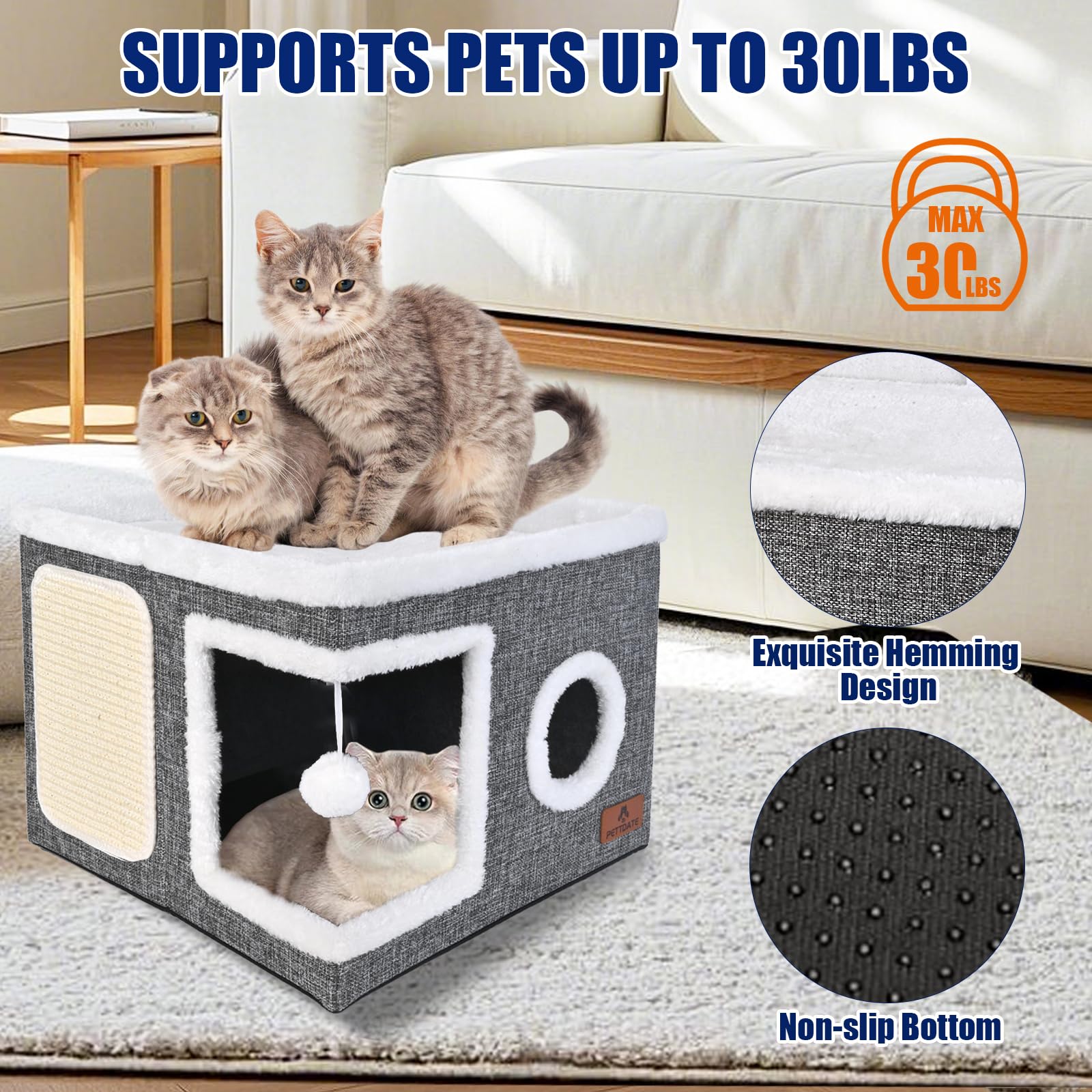 Cat Beds For Indoor Cats, Large Cat Cave Bed With Scratch Pad And Fluffy Ball, Foldable Cat Hideaway, Cat House With Reversible