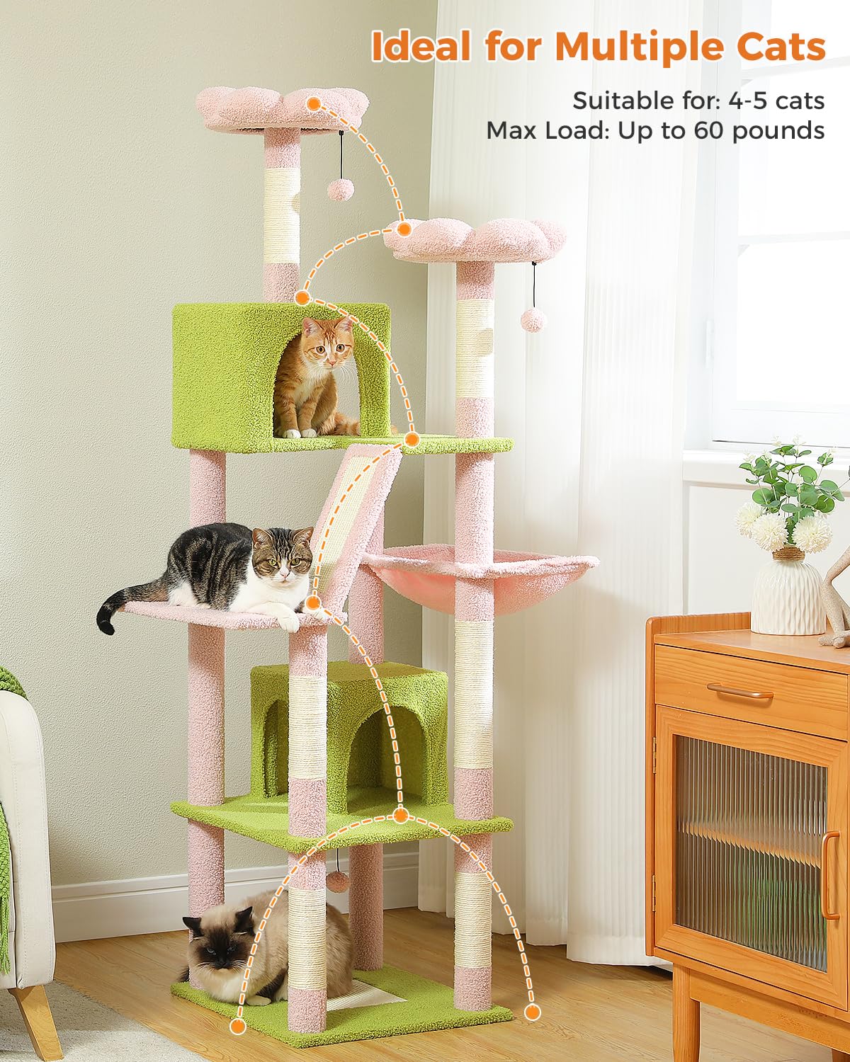 Muttros Flower Cat Tree, 70.9'' Tall Cat Tree For Indoor Cats, Large Cat Tree For Large Cats, Multi-Level Tall Cat Tower With 6