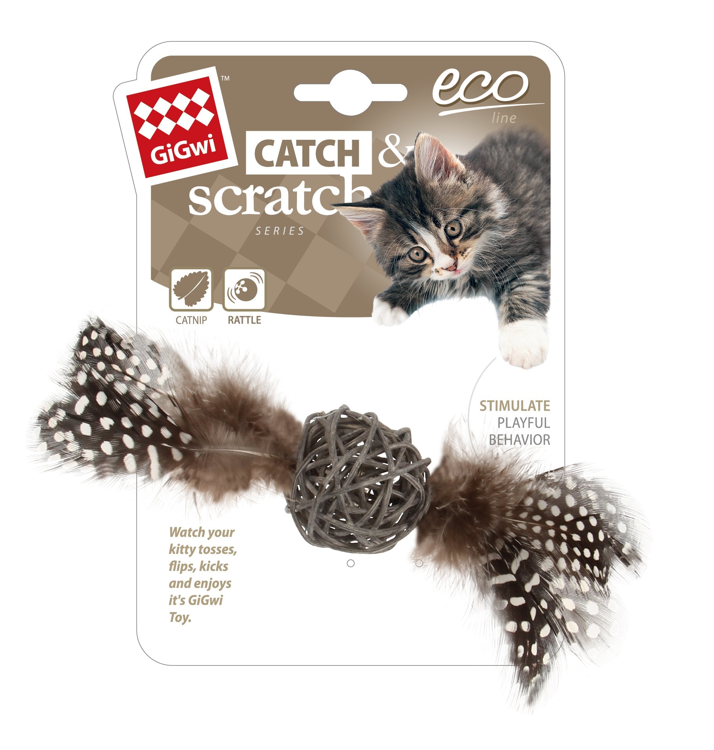 Gigwi Eco Line Catch & Scratch Cat Toy With Rattle (Wood/Feather/Rattan)