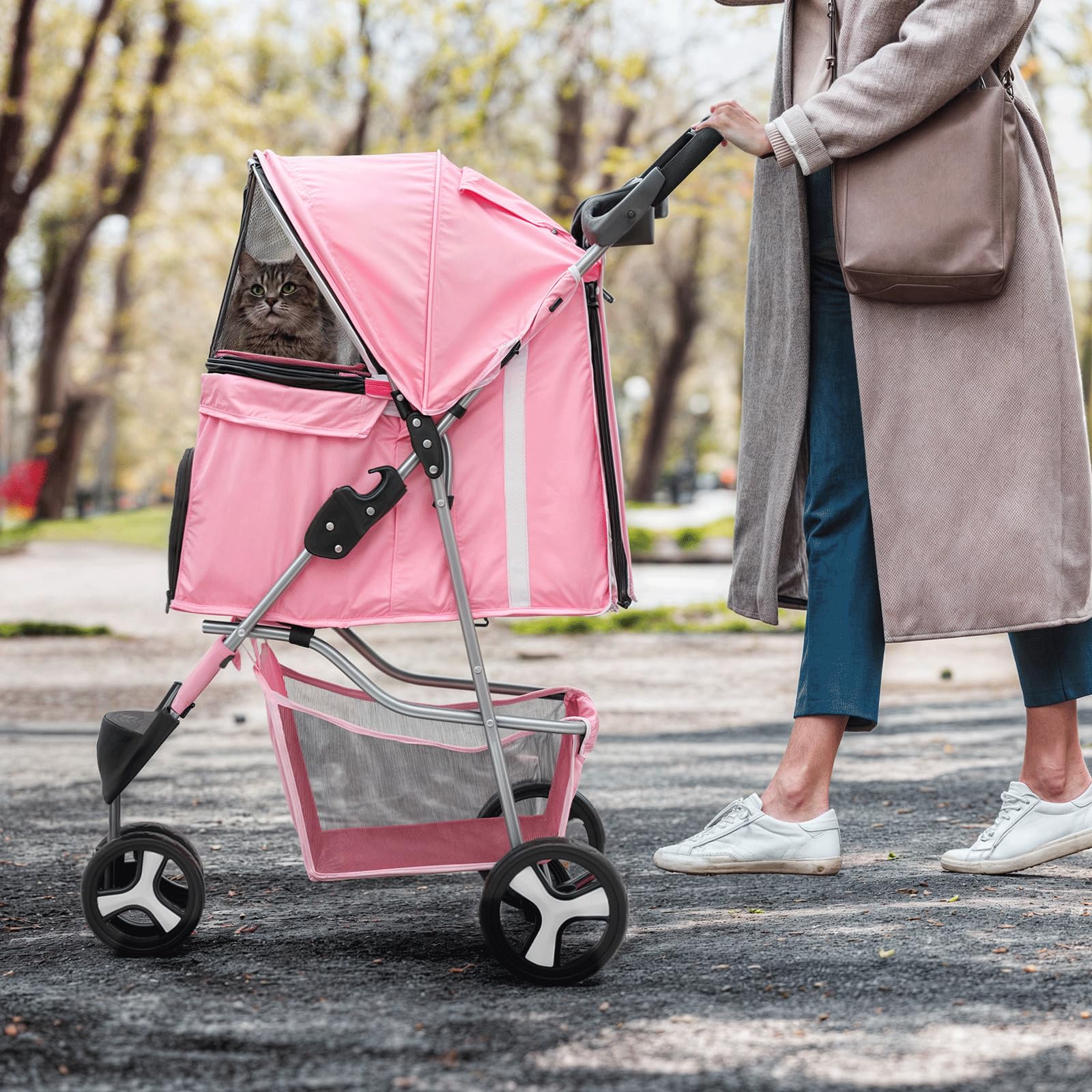 Monibloom 3-Wheels Foldable Pet Stroller With Waterproof Cover, Pet Strolling Cart For Small/Medium Dogs And Cats With Storage Basket And Cup Holder, Breathable And Visible Mesh For All-Season, Pink