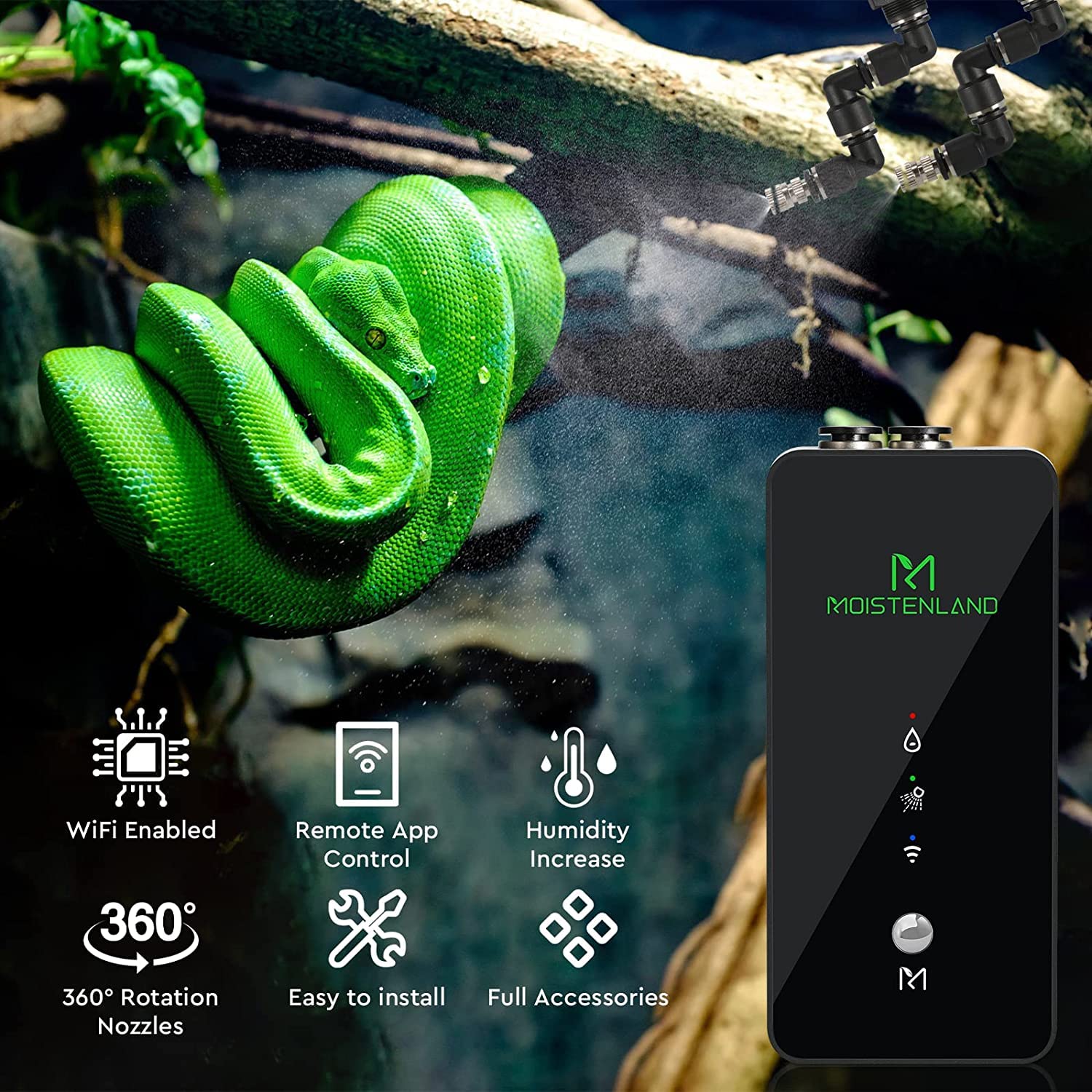 Moistenland WiFi Enabled Reptile Mister for Terrariums - Adjustable Misting Nozzles for Snakes, Tortoises, and Lizards