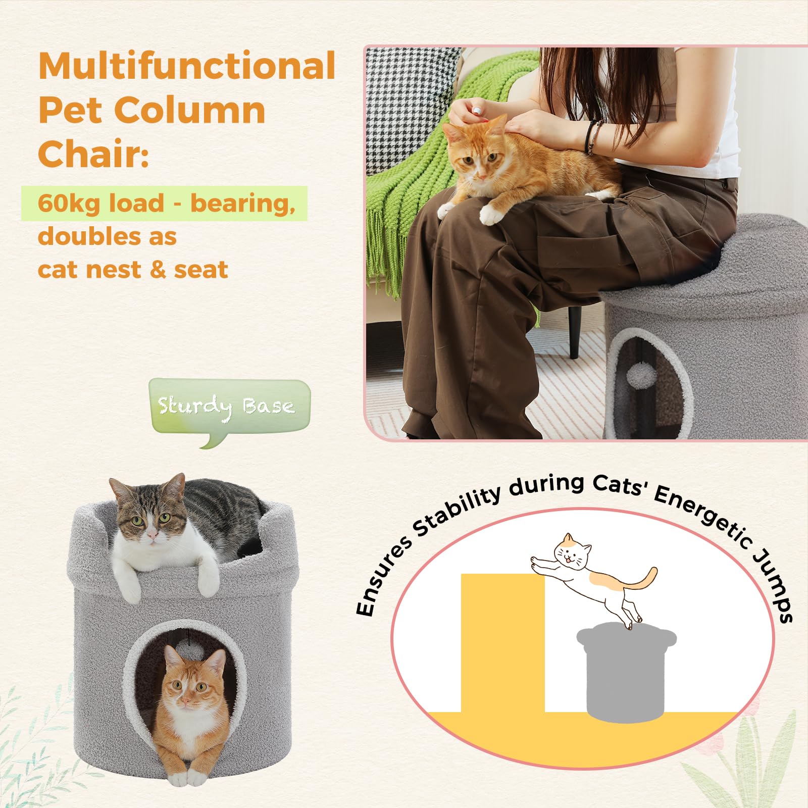 Petepela Cat Condo House With Tree, Cave Bed & Removable Flower Cat Cushion - 20X20X16 Inches, Brown