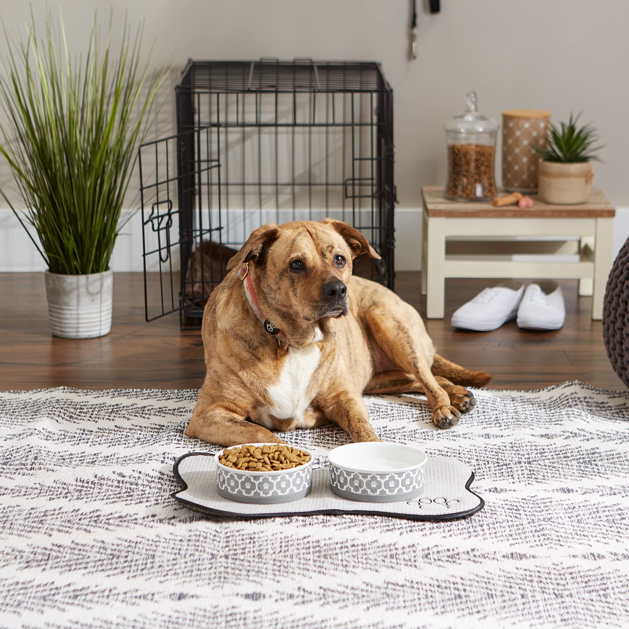 Bone Dry Paw Print Ceramic Pet Bowl, Lattice Collection, Medium Set, 6x2, Gray, 2 Count