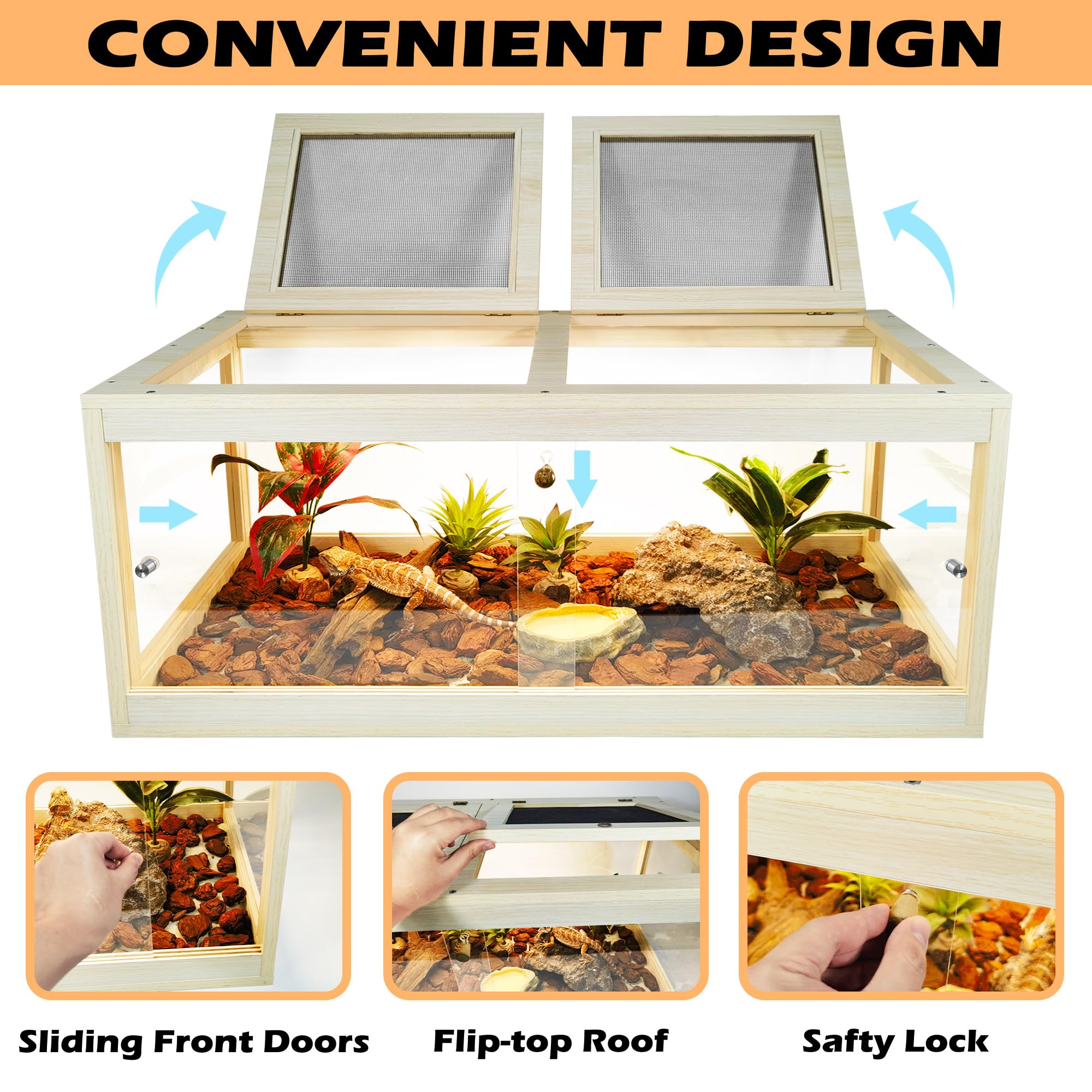 Bearded Dragon Tank 81 Gallon, Lizard Tank, Reptile Tank With Metal Mesh Roof Door, Snake Tank With Lock Design, 48'' Long, Oak