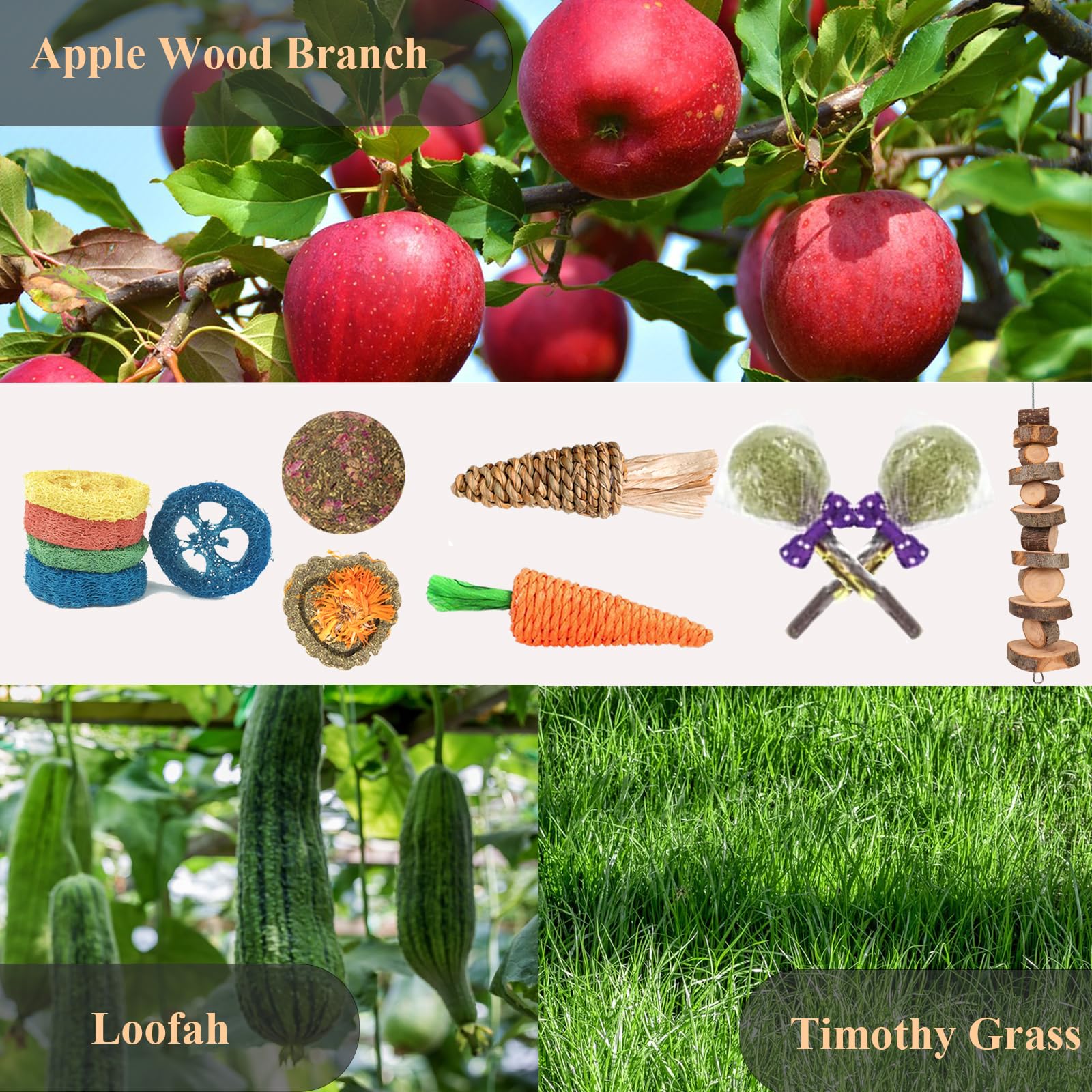 Grddaef 18 Pcs Bunny Toys, Rabbit Toys Guinea Pig Toys Natural Apple Wood Grass Timothy Sticks Chew And Treat For Guinea Pigs Hamster Chinchillas