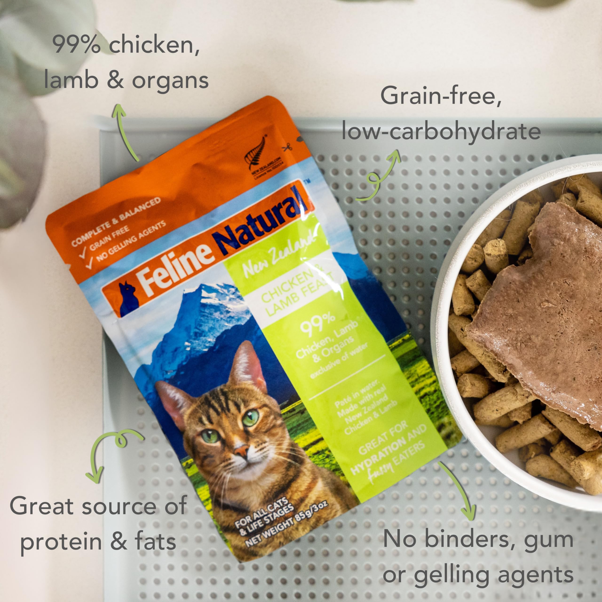 Feline Natural Wet Cat Food Pouch - Chicken & Lamb Feast, Grain-Free, 3oz, 12 Pack, New Zealand Made, Single Serve Pate