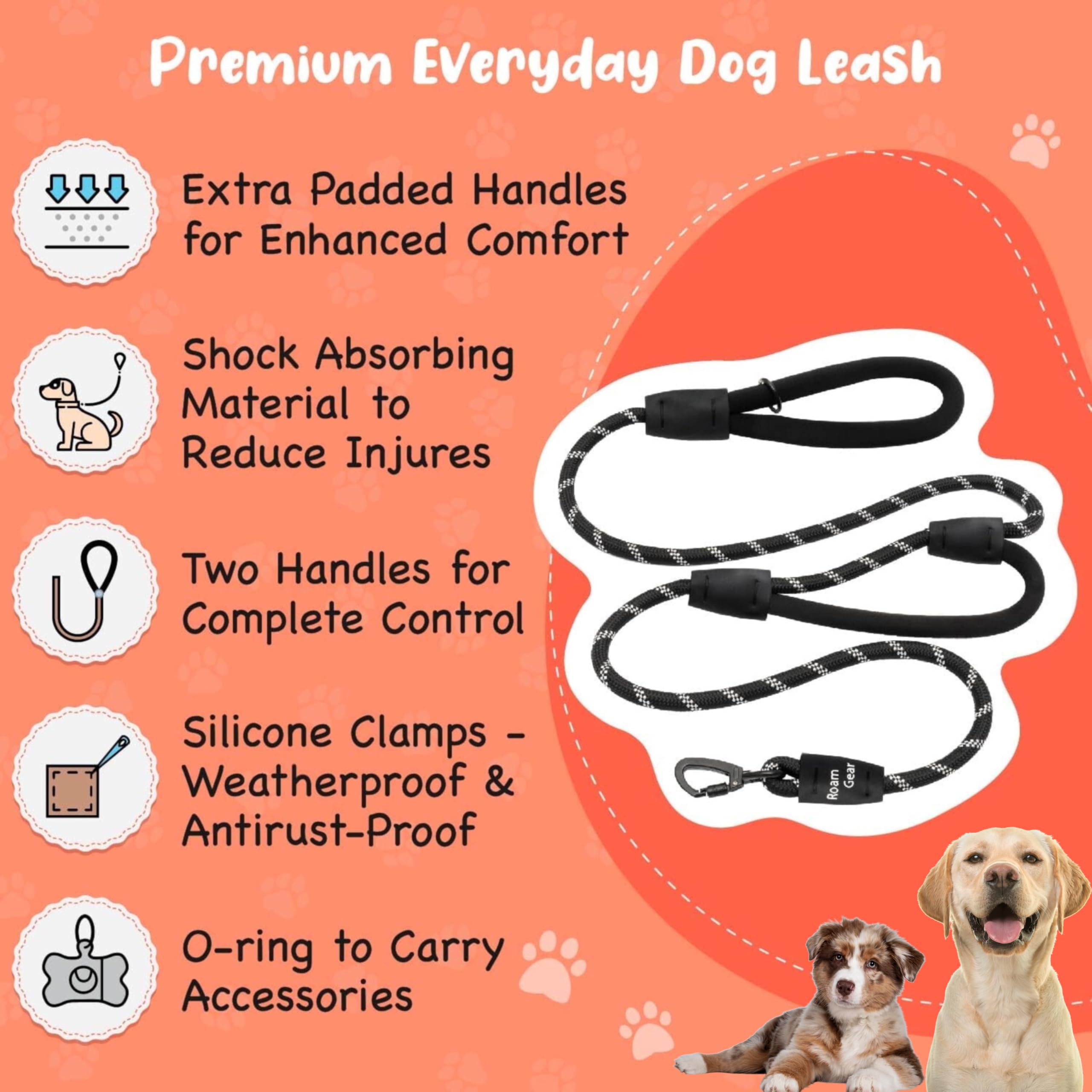6 Foot Dog Leash, Two Extra Padded Handles, Heavy Duty Dog Leash For Medium To Large Pets, Highly Reflective, Shock-Absorbing No Pull Rope Lead, Durable For Walking, Running, Training Lead - Roam Gear