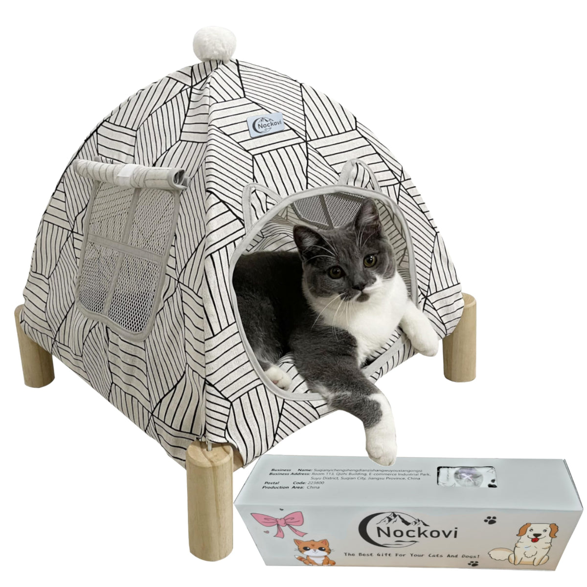 Nockovi 2-In-1 Elevated Cat Tent Cat House, Quick Assembly And Disassembly, Portable Indoor/Outdoor Cute Cat Bed Cave-White Diam