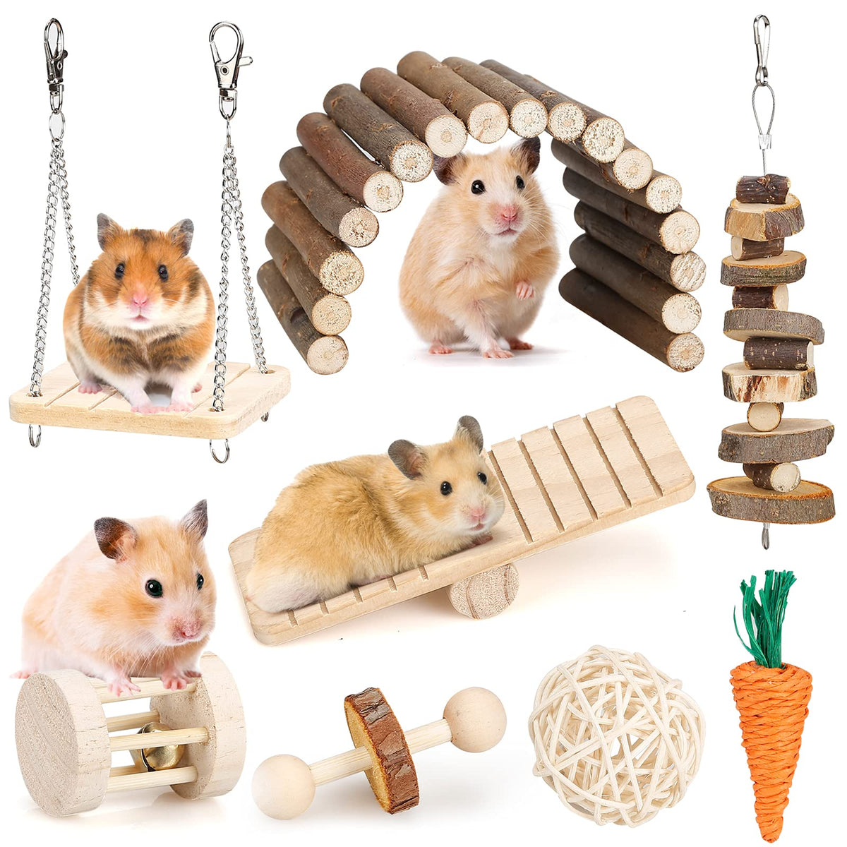 Hamster Chew Toys Set Small Animal Molar Toys Teeth Care Wooden Accessories For Guinea Pigs,Chinchillas,Gerbils,Mice,Rats,Mouse Rodents Toy Swing Seesaw Bridge (Wood)