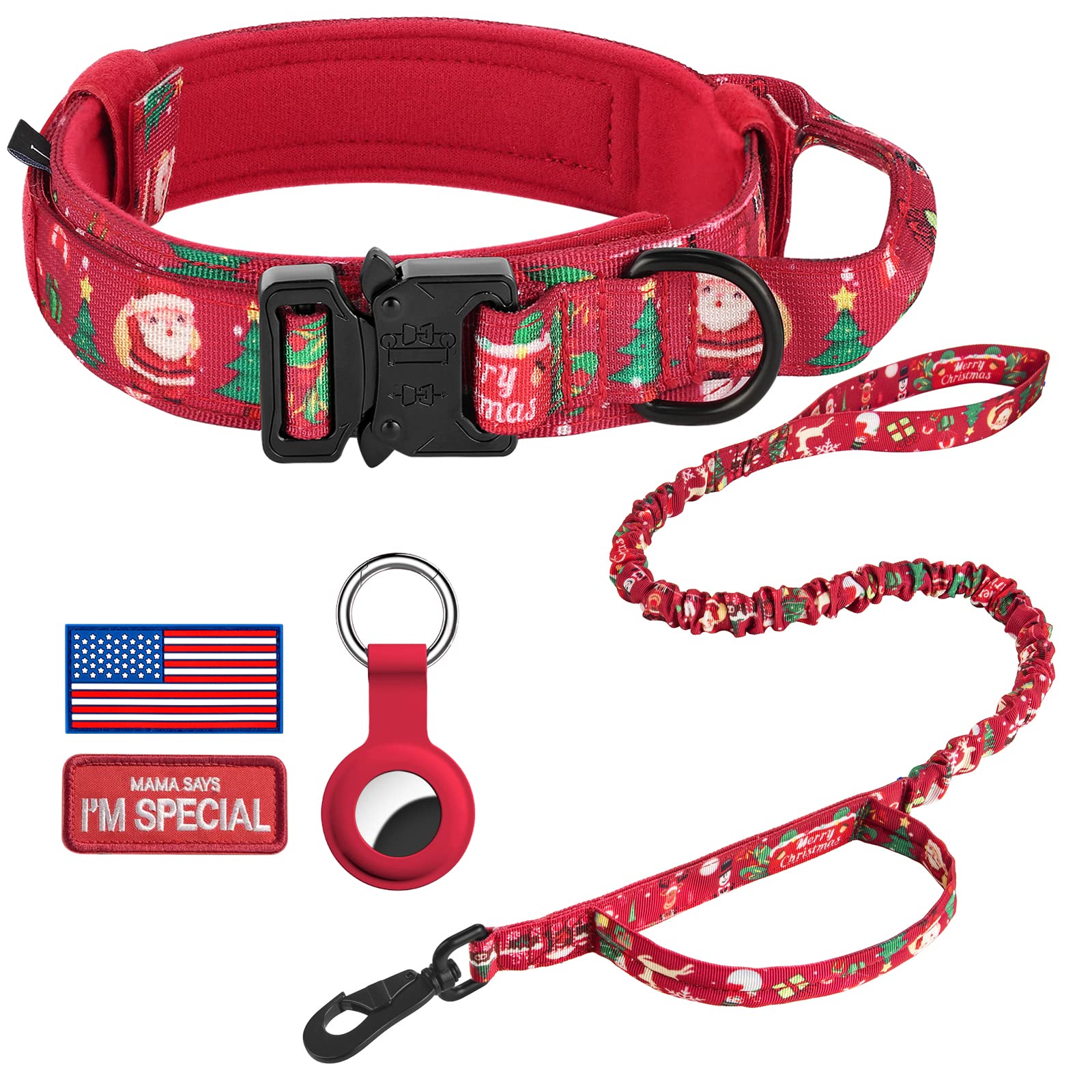 Daganxi Tactical Dog Collar, Adjustable Military Training Nylon Dog Collar With Control Handle And Heavy Metal Buckle For Medium And Large Dogs, With Patches And Airtags Case (Xl, Christmas Red-Set)