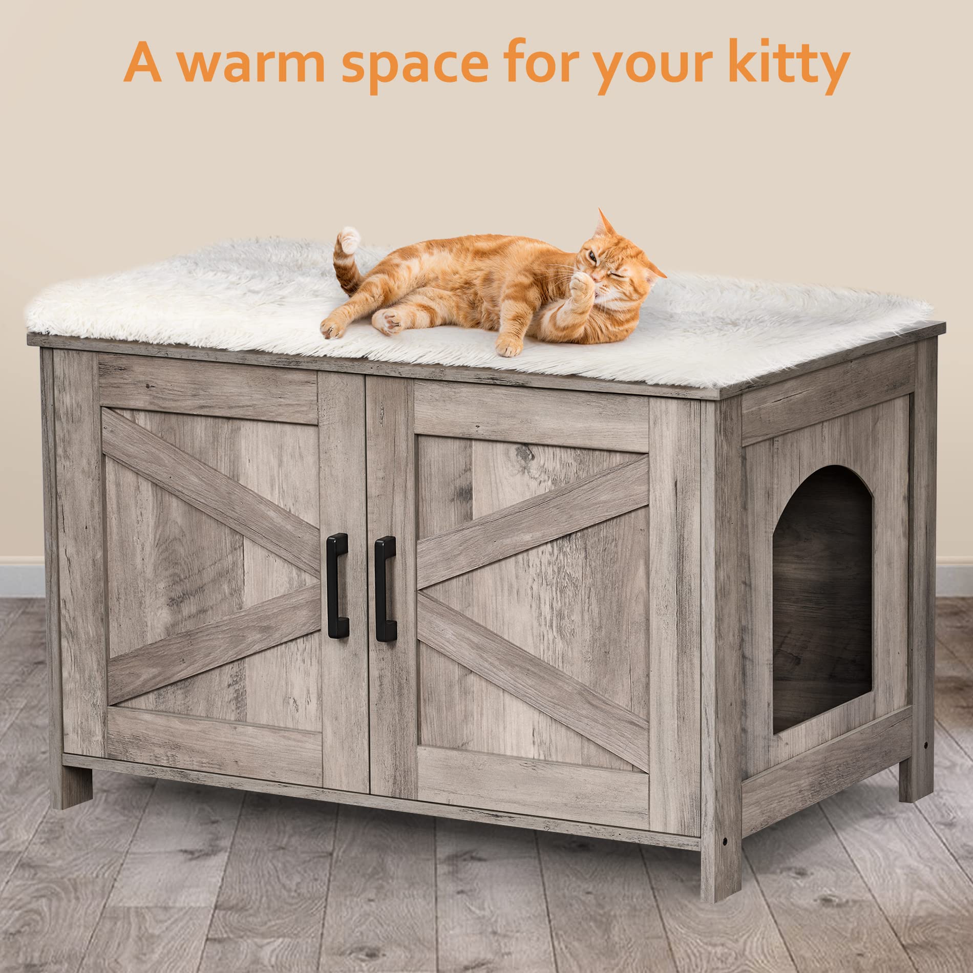 Homhedy Cat Litter Box Enclosure,Litter Box Furniture Hidden With Barn Door,Wooden Cat Washroom Furniture,Cat House,Fit Most Of Litter Box, Greige