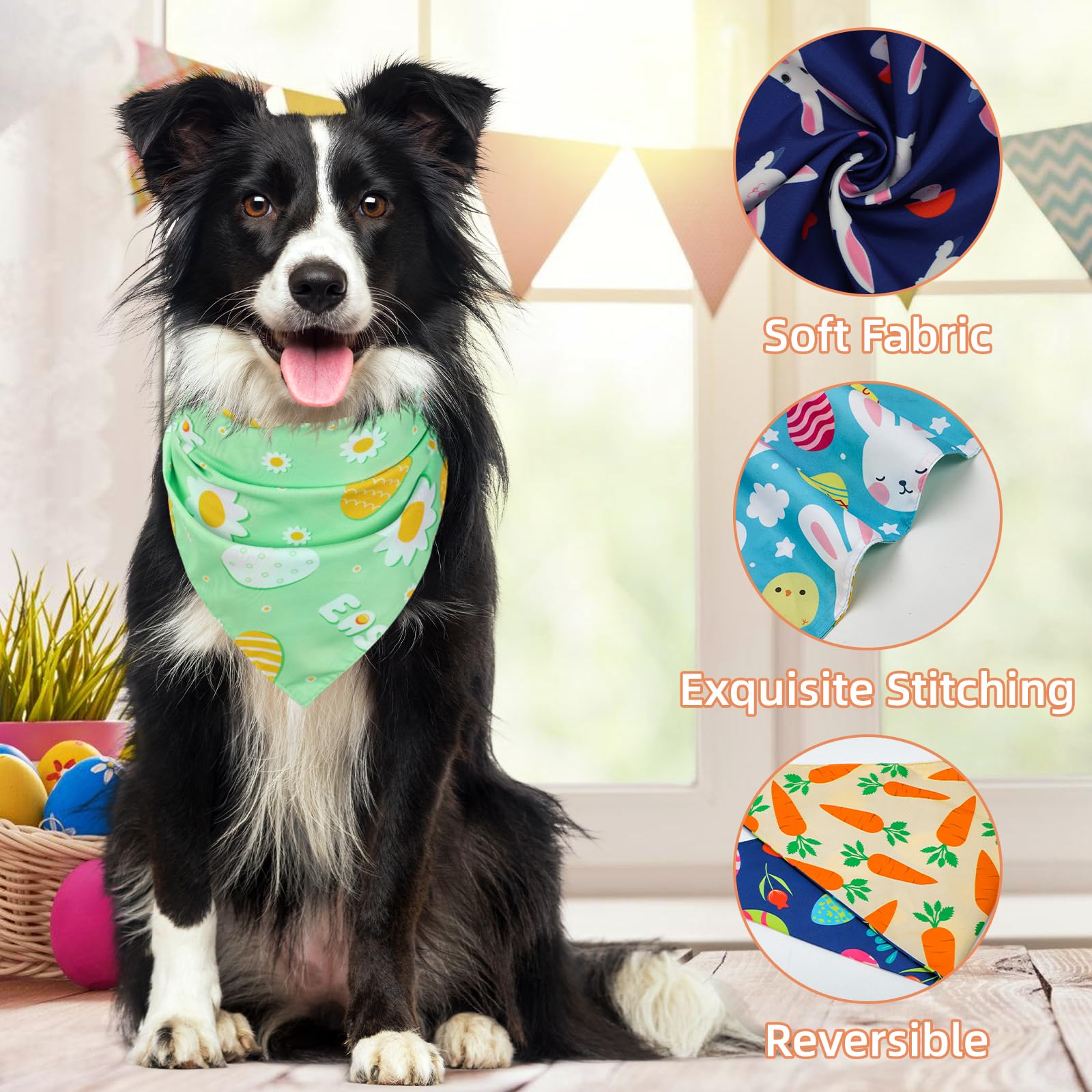 Easter Dog Bandanas 3 Pack, Double Layer Reversible Dog Scarf For Boy And Girl, 6 Patterns Easter Egg Bunny Pet Scarf For Dog Pr