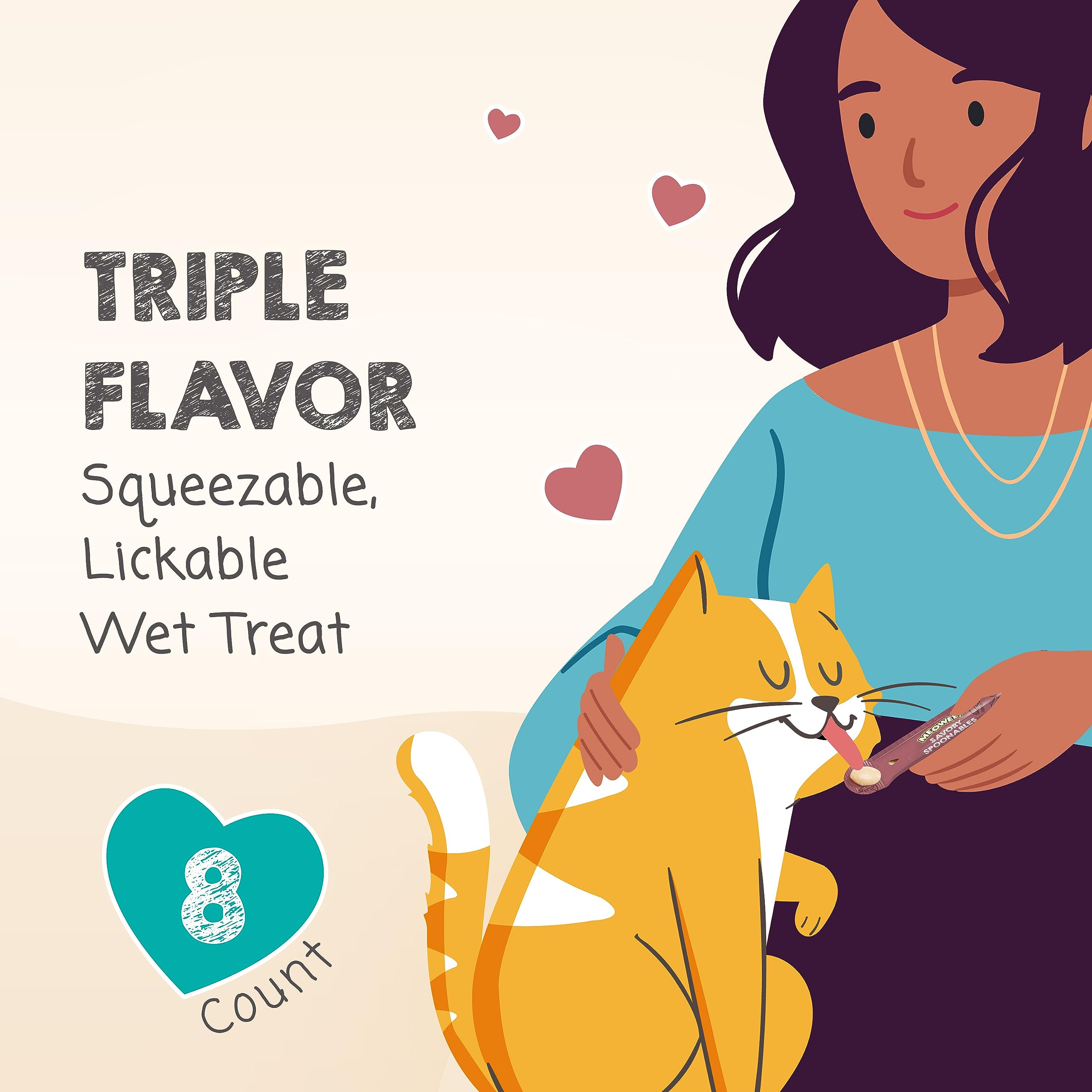 MEOWEE! Savory Spoonables with Real Salmon, Tuna & Krill, 8 Count Tube, Triple Flavor Squeezable Lickable Wet Treats for Cats wi
