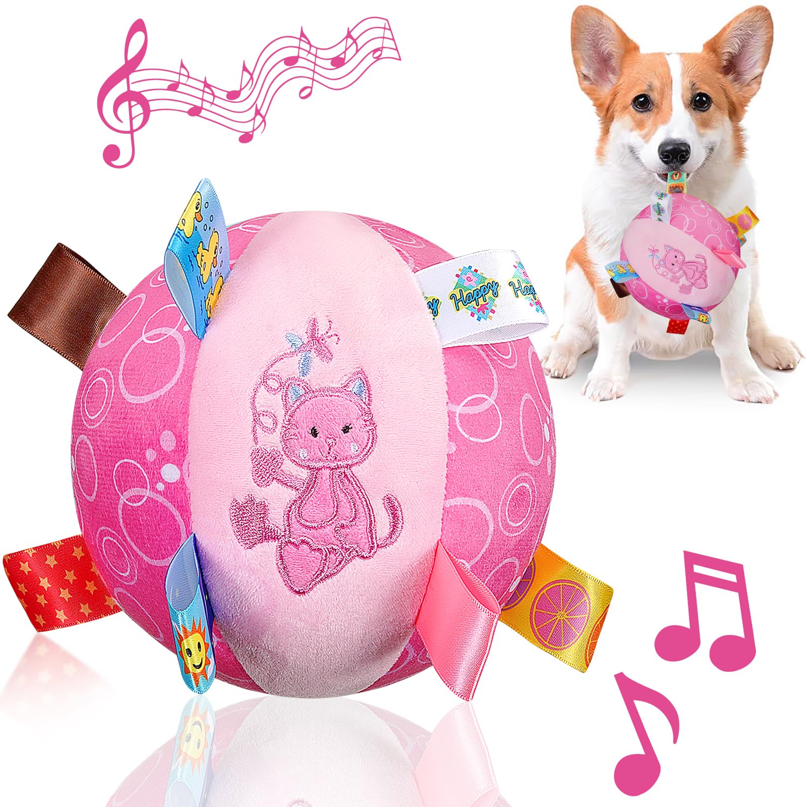 Letalong Dog Squeaky Plush Plush Toy with Straps, 6-Inch Soft Stuffed Ball with Cotton Material and Bell Built-in, Pet Interacti