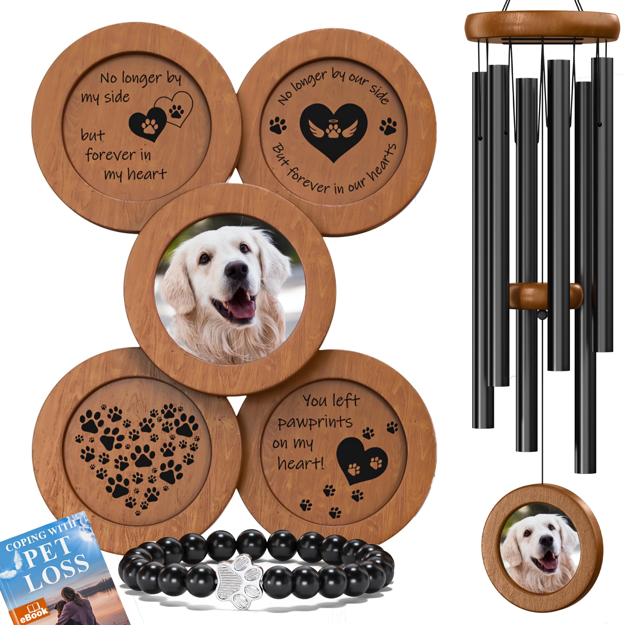 Dog Memorial Wind Chime 28' With 5 Pendant Designs And Comforting Pet Loss Ebook- Dog Memorial Gifts-Loss Of Dog Sympathy Gift-Dog Wind Chimes For Pet Memorial Gifts, Photo Dog Remembrance Gift
