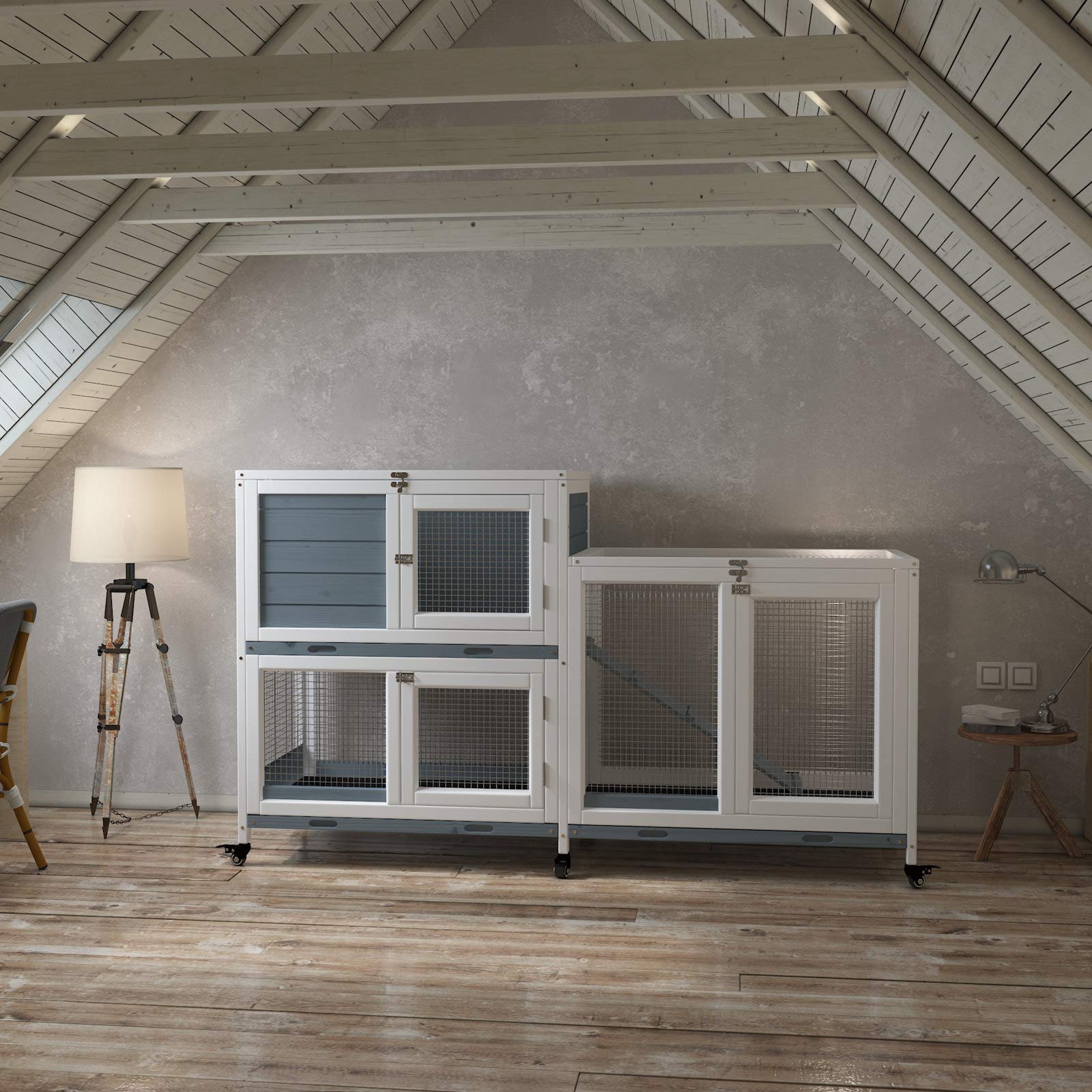 Gdlf Two Floors 58' Wooden Indoor Bunny Hutch Rabbit Cage On Wheels Guinea Pig Pet House For Small To Medium Animals Waterproof No Leak Tray