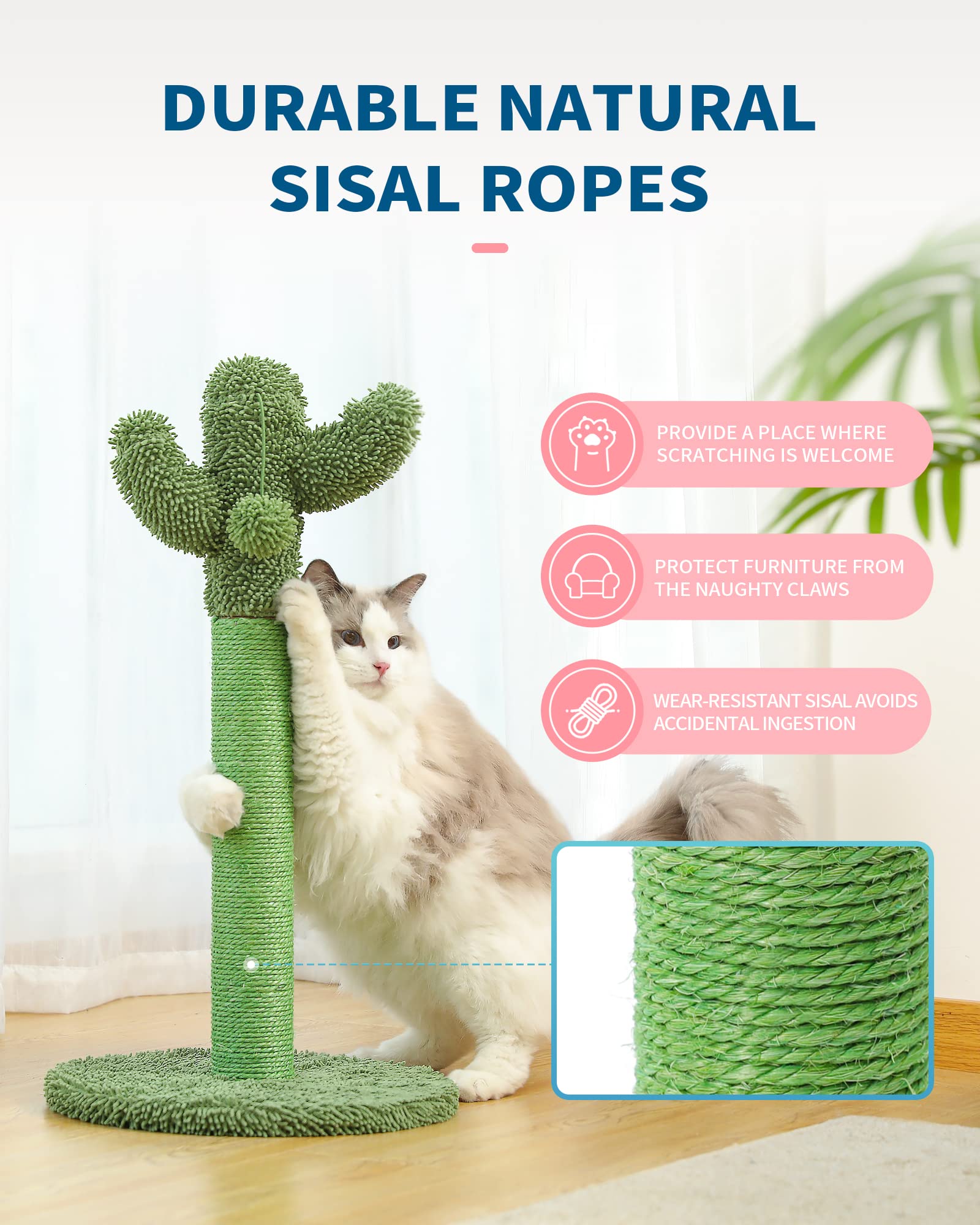 Made4Pets Cat Scratching Post, Cactus Cat Scratcher Kitten Scratch Post With Sisal Rope For Indoor Cats Claw Scratcher, Vertical Green Cat Tree With Dangling Ball For Kitties, Medium-25.6 Inches