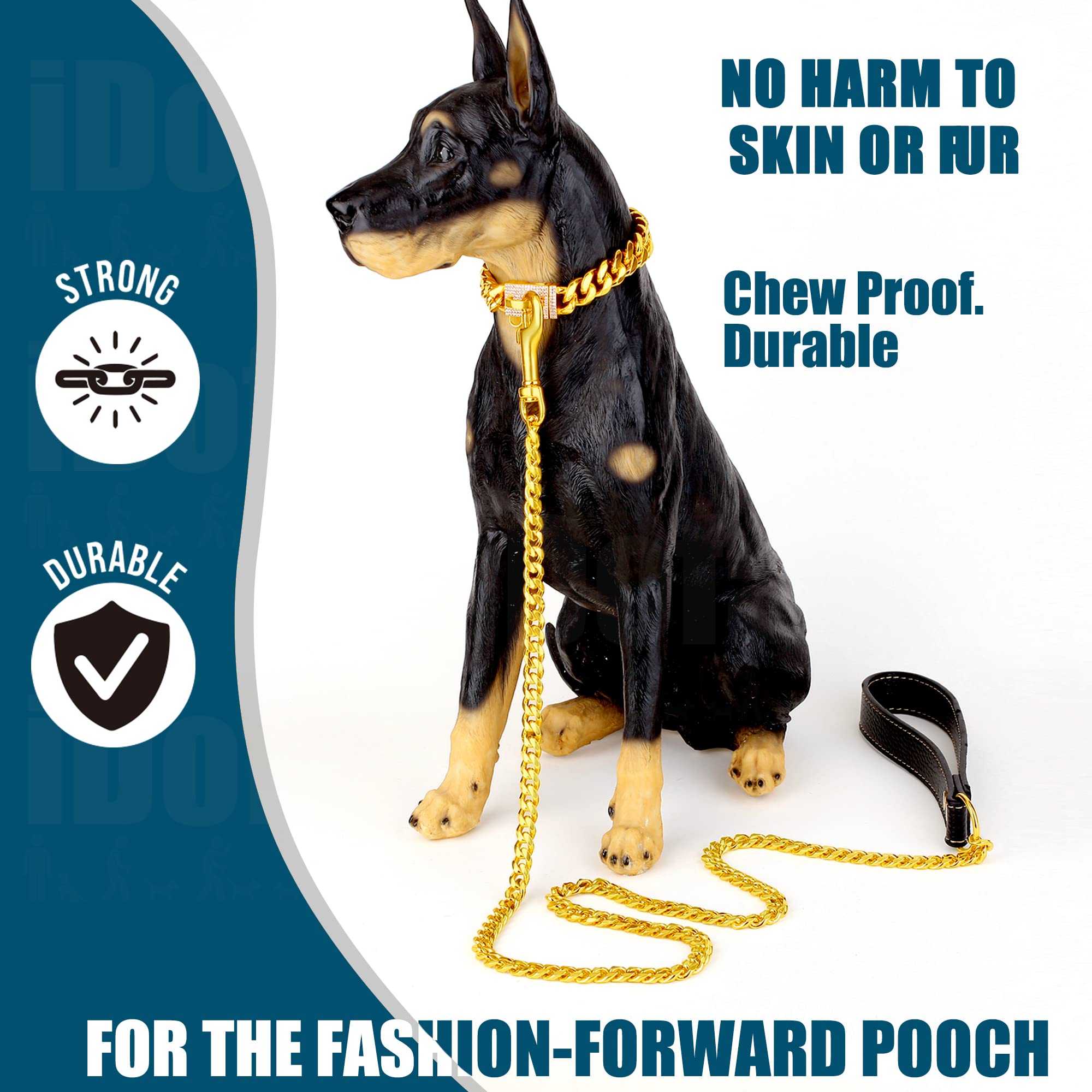 Idofas Gold Dog Chain Leash 18K Gold Stainless Steel Cuban Link Dog Leash With Leather Handle For Dogs Collar Chains(4Ft)